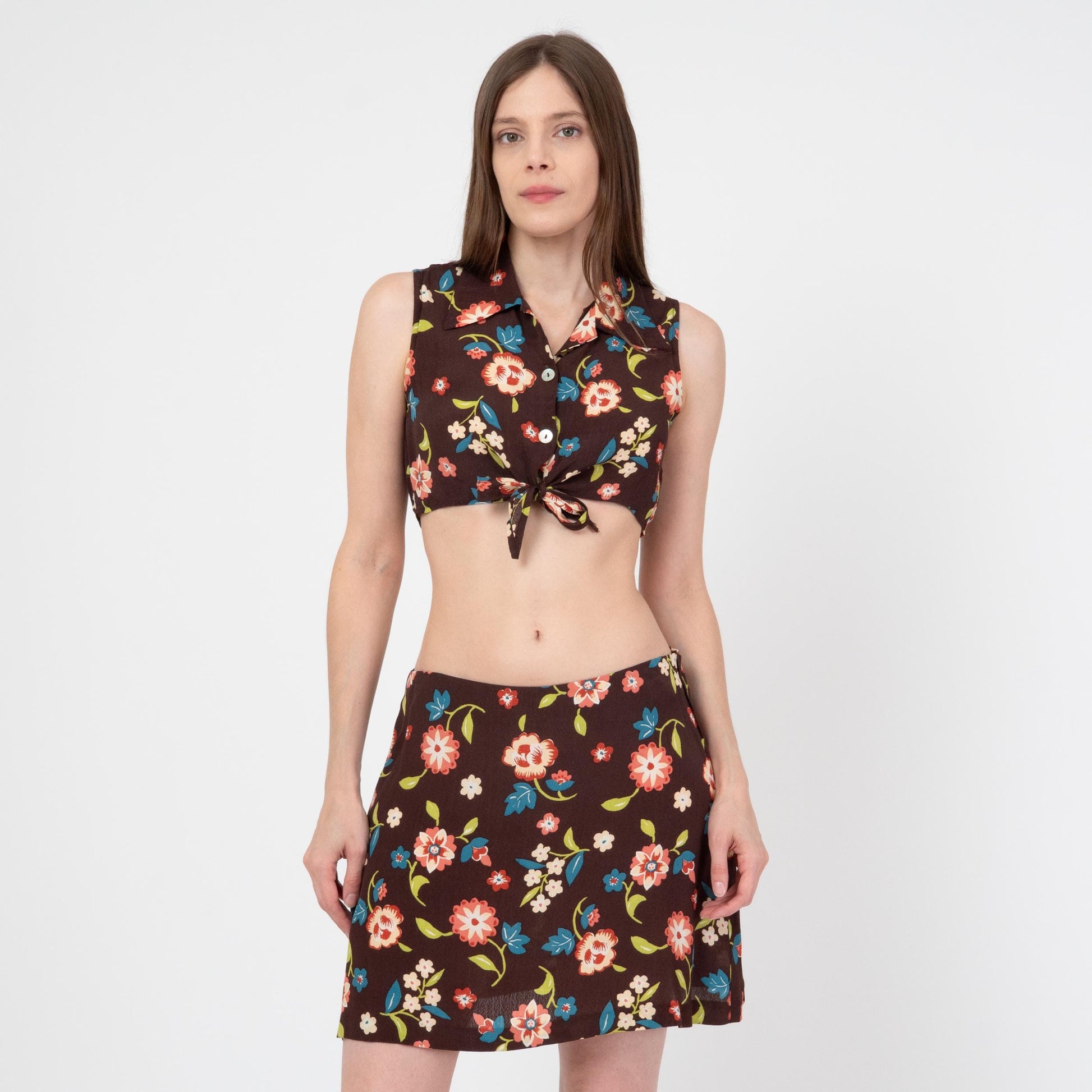 Vintage 90s Brown Floral Crop Top & Mini Skirt Set - Small to Medium | Boho Matching Two Piece Outfit