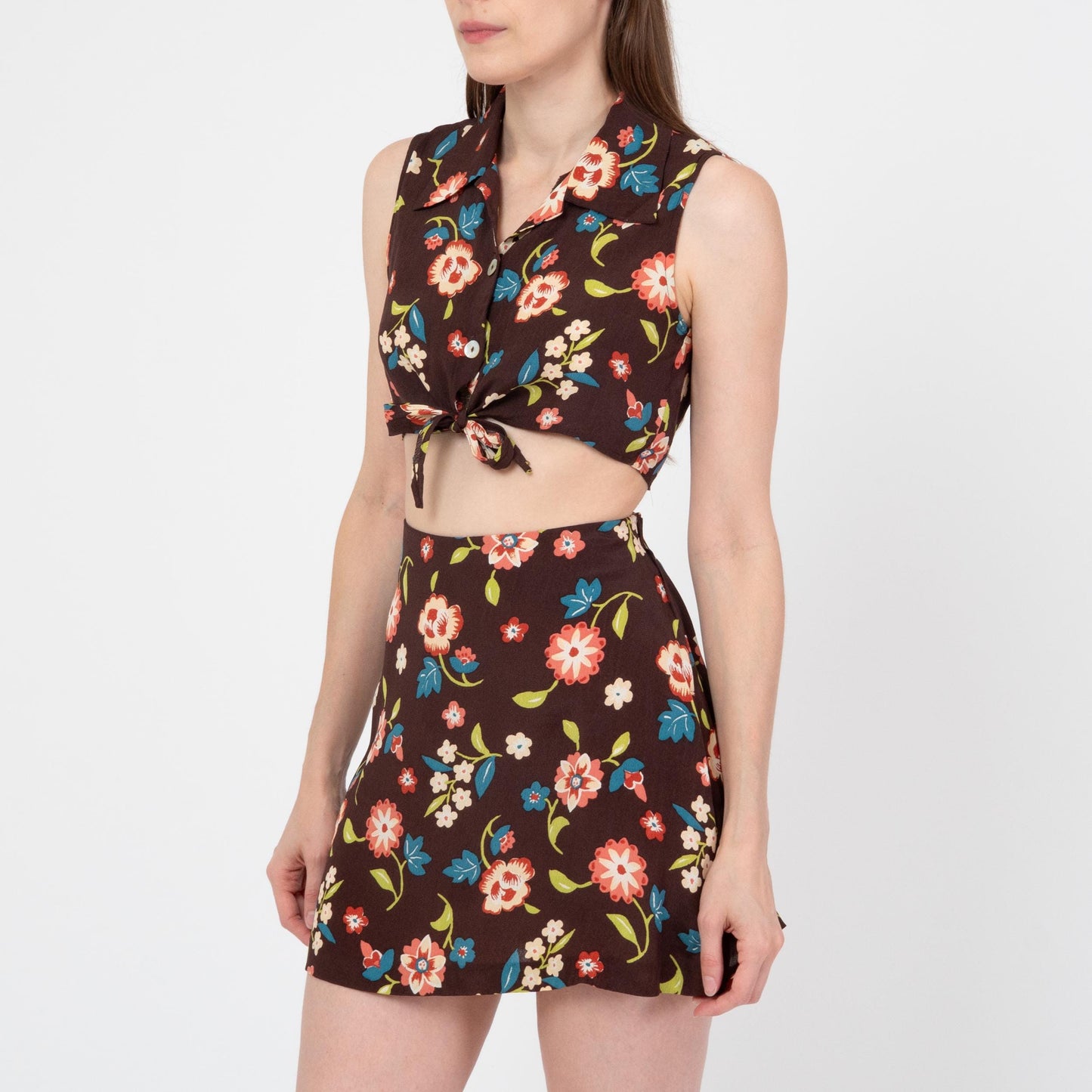 Vintage 90s Brown Floral Crop Top & Mini Skirt Set - Small to Medium | Boho Matching Two Piece Outfit
