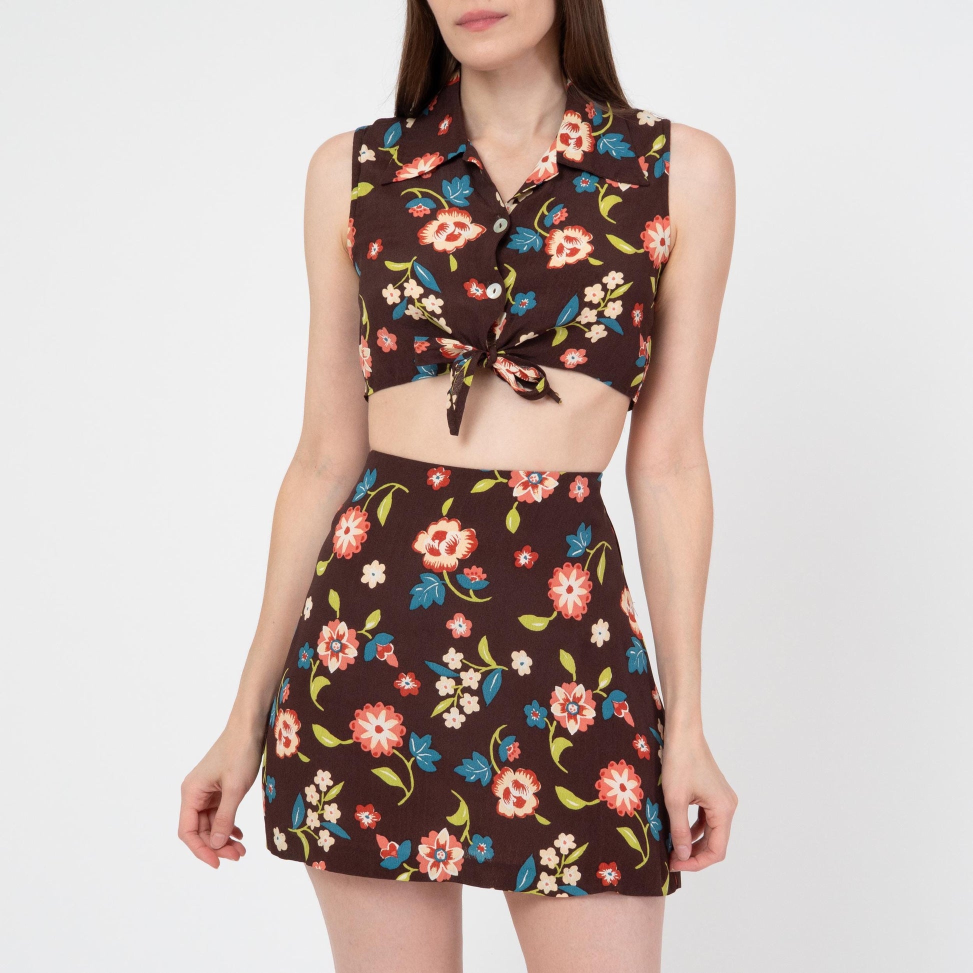 Vintage 90s Brown Floral Crop Top & Mini Skirt Set - Small to Medium | Boho Matching Two Piece Outfit