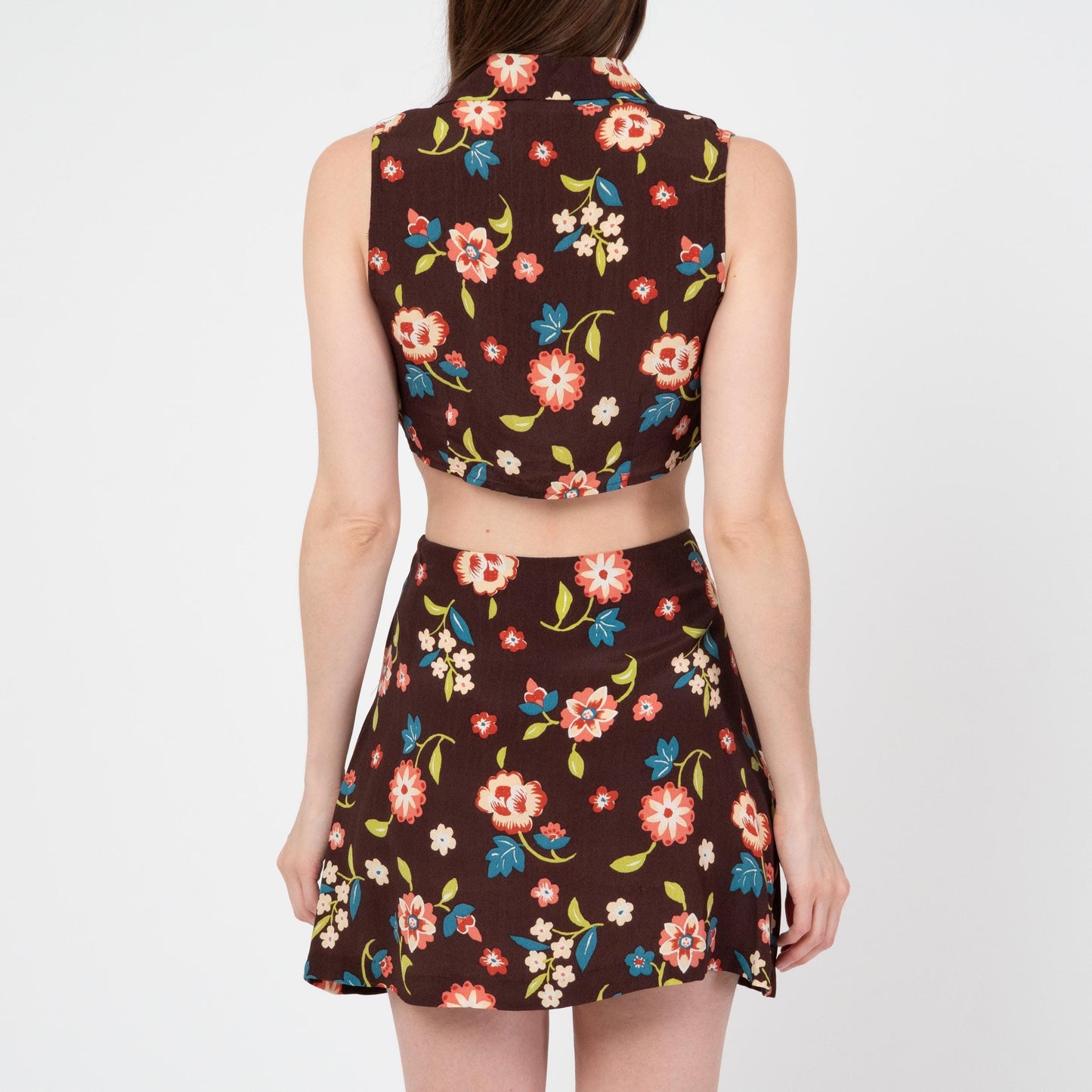 Vintage 90s Brown Floral Crop Top & Mini Skirt Set - Small to Medium | Boho Matching Two Piece Outfit