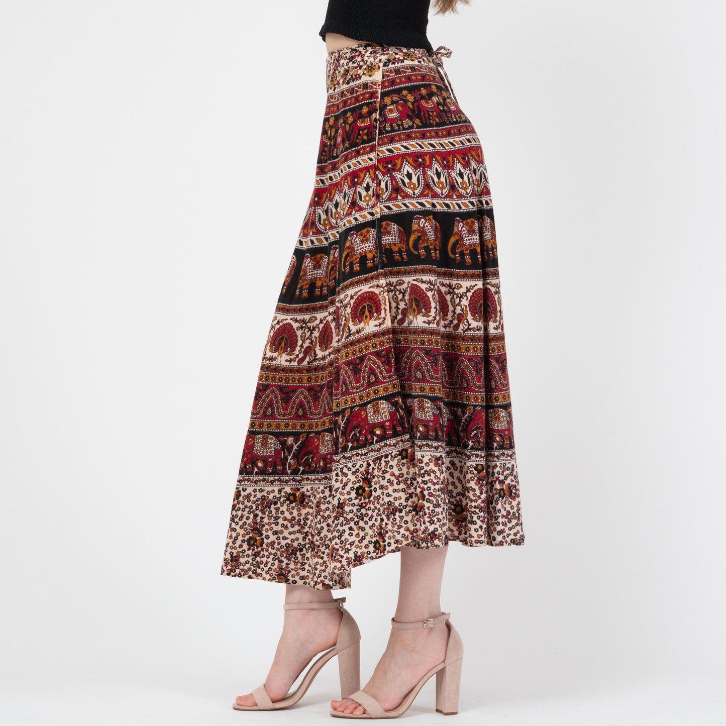 Vintage 90s Indian Block Print Maxi Wrap Skirt - XS to Small | Boho Batik Cotton Elephant Print Hippie Skirt