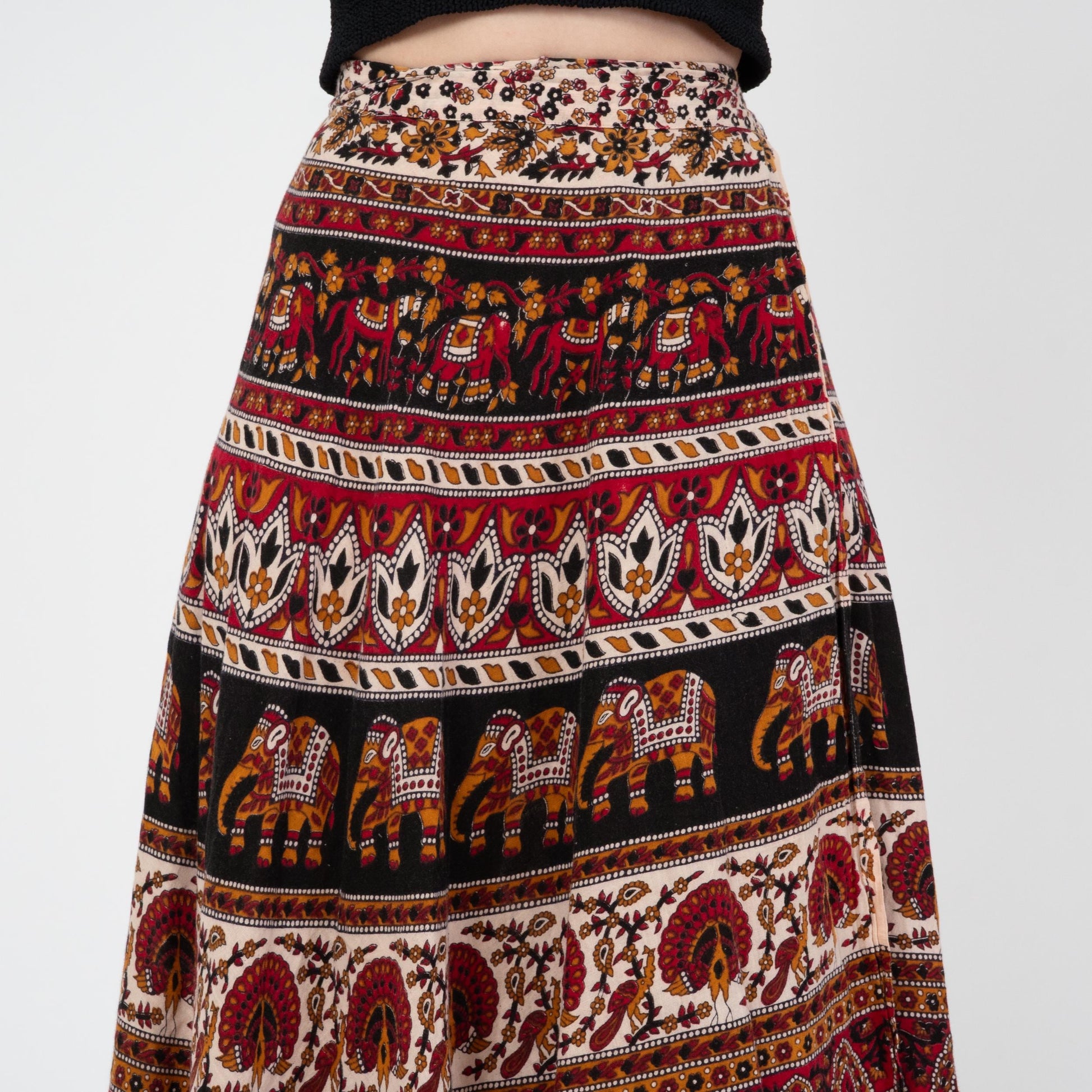 Vintage 90s Indian Block Print Maxi Wrap Skirt - XS to Small | Boho Batik Cotton Elephant Print Hippie Skirt