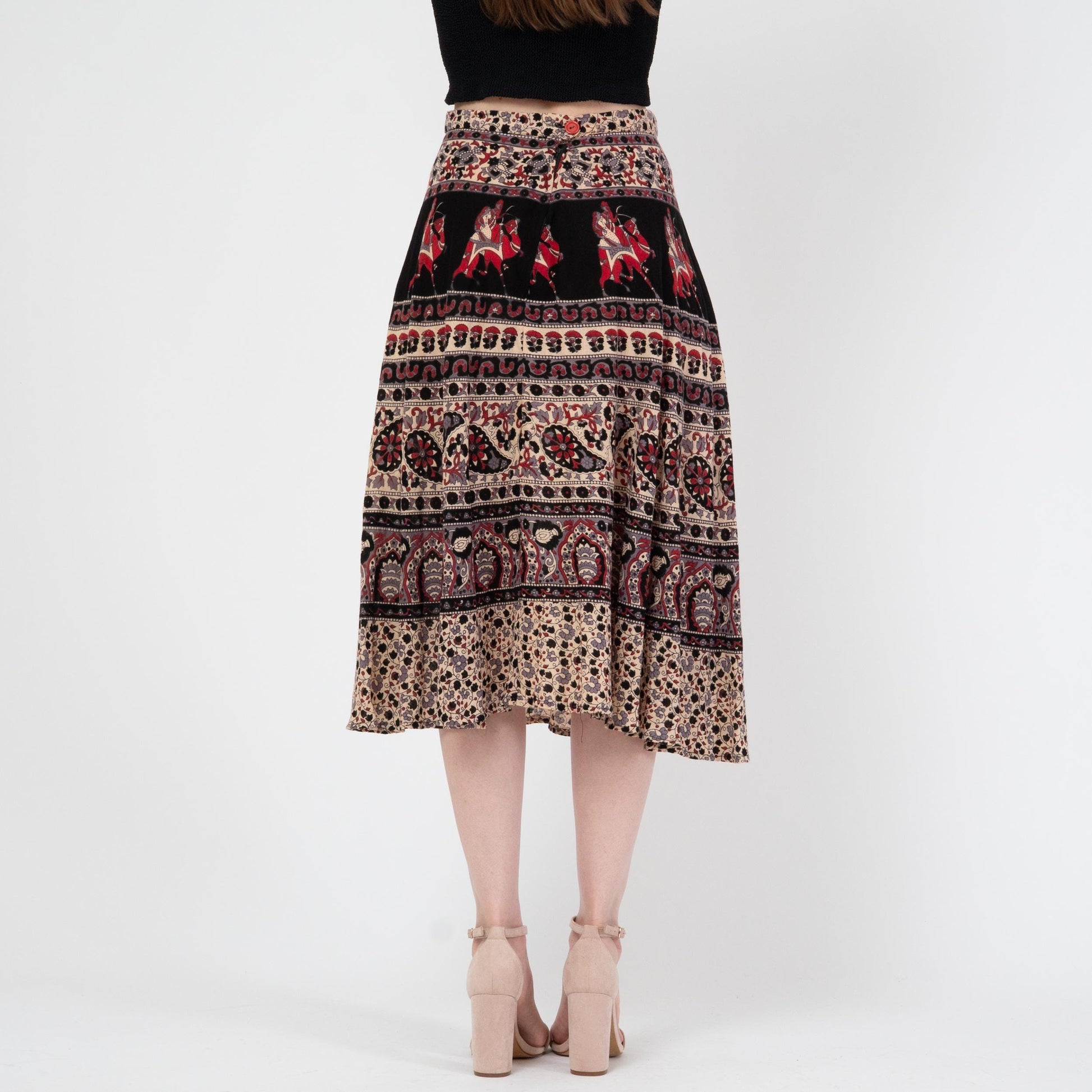 Vintage 70s Indian Block Print Midi Skirt - Small | Boho Batik Elephant Print Hippie Skirt