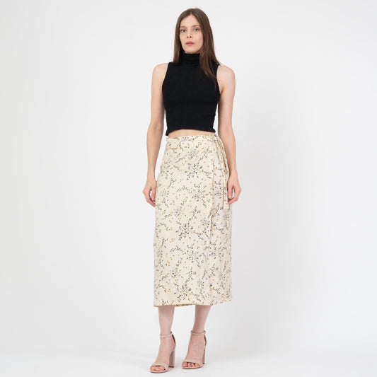 Vintage 90s Soft Linen Wildflower Print Midi Wrap Skirt - Small | Cream Floral High Waisted Skirt