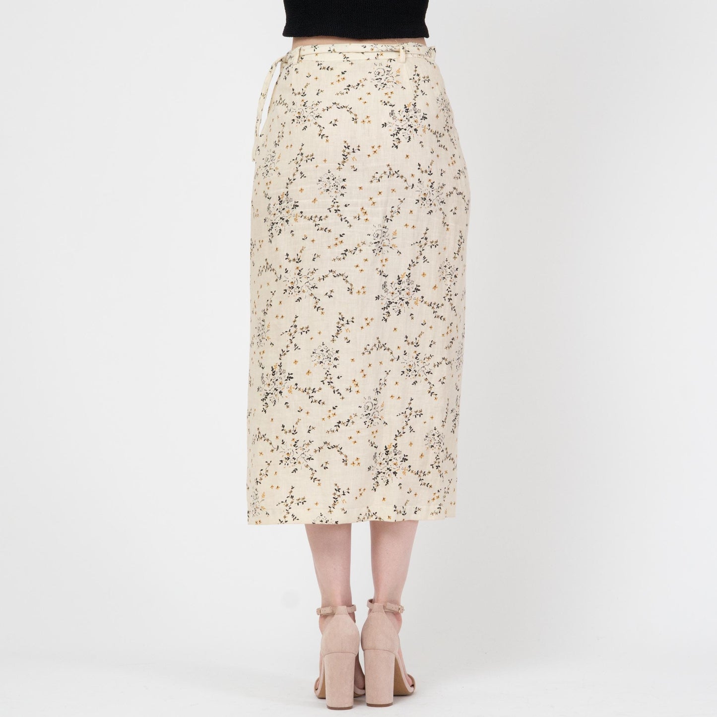 Vintage 90s Soft Linen Wildflower Print Midi Wrap Skirt - Small | Cream Floral High Waisted Skirt
