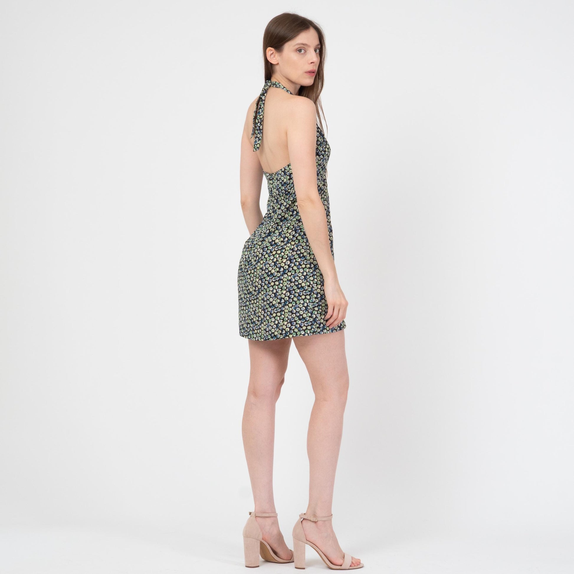 Vintage 90s Green & Blue Floral Halter Mini Dress - Small | Boho Festival Summer Sundress