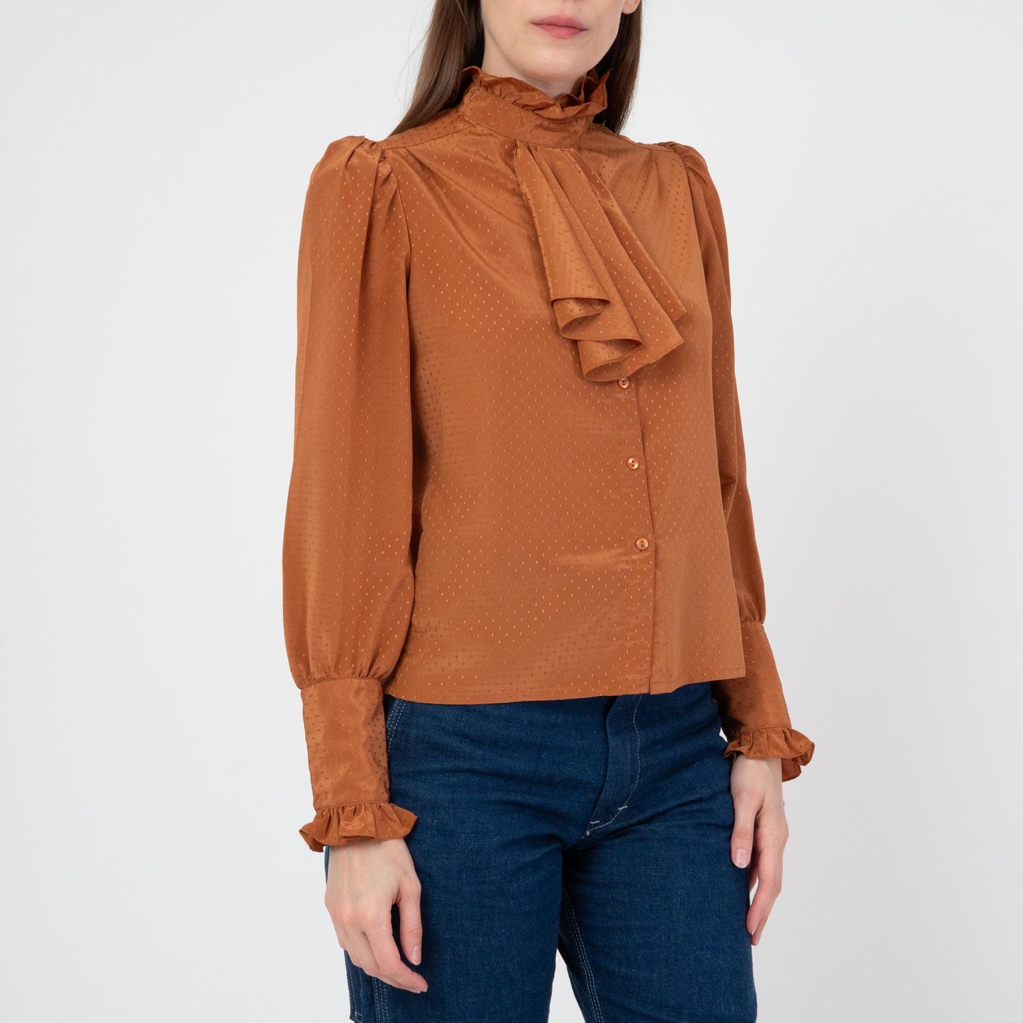 Vintage 70s Copper Satin Jabot Ruffle Blouse - XS to Small | Boho Victorian Long Sleeve Button Up Top
