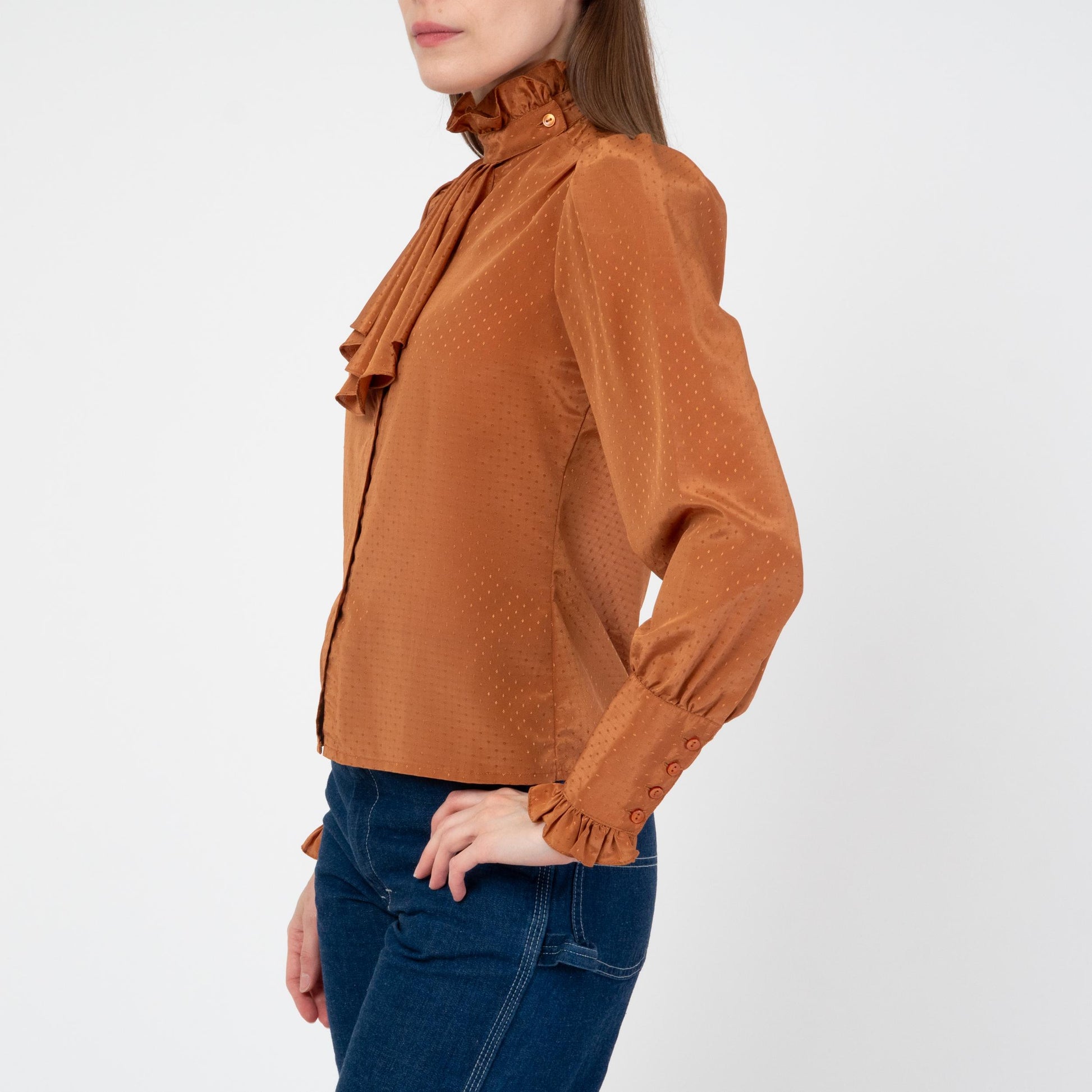 Vintage 70s Copper Satin Jabot Ruffle Blouse - XS to Small | Boho Victorian Long Sleeve Button Up Top