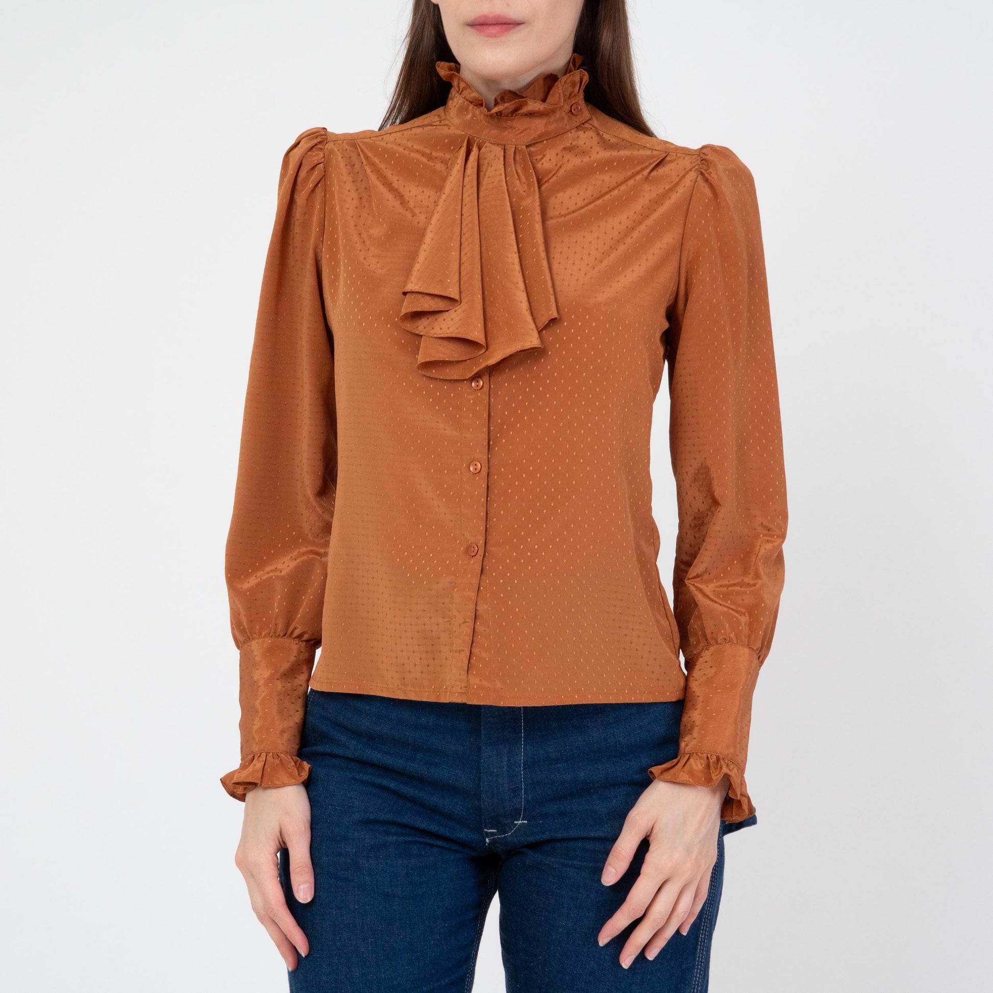 Vintage 70s Copper Satin Jabot Ruffle Blouse - XS to Small | Boho Victorian Long Sleeve Button Up Top