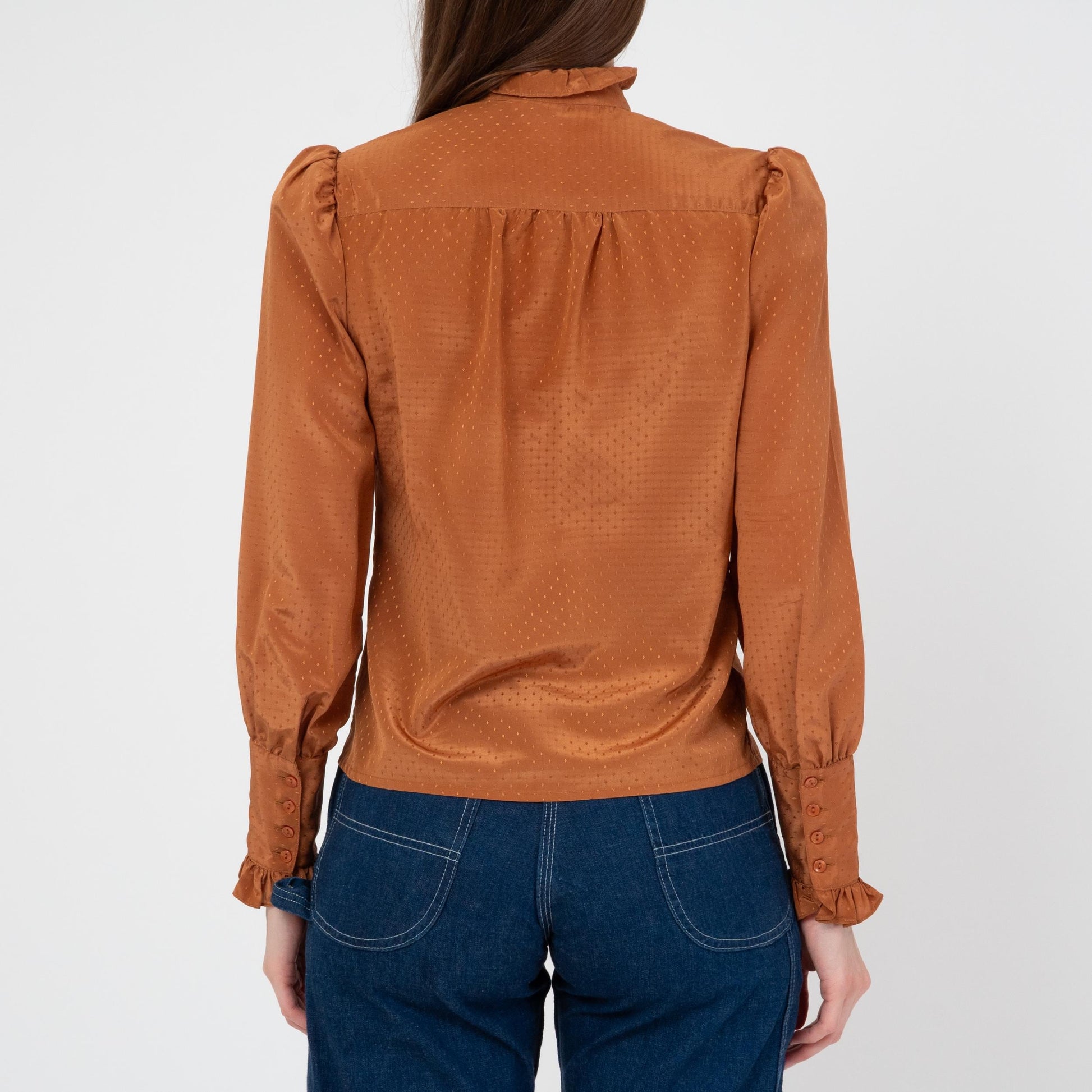 Vintage 70s Copper Satin Jabot Ruffle Blouse - XS to Small | Boho Victorian Long Sleeve Button Up Top