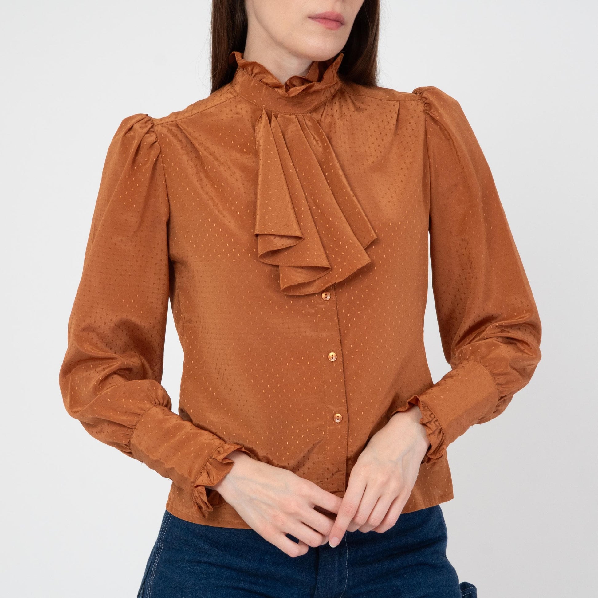 Vintage 70s Copper Satin Jabot Ruffle Blouse - XS to Small | Boho Victorian Long Sleeve Button Up Top