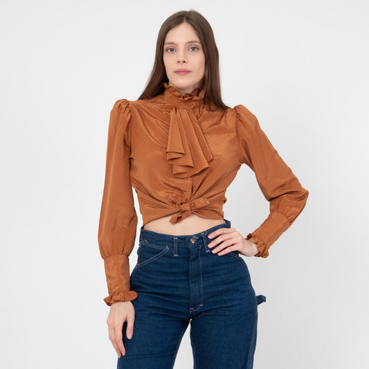 Vintage 70s Copper Satin Jabot Ruffle Blouse - XS to Small | Boho Victorian Long Sleeve Button Up Top