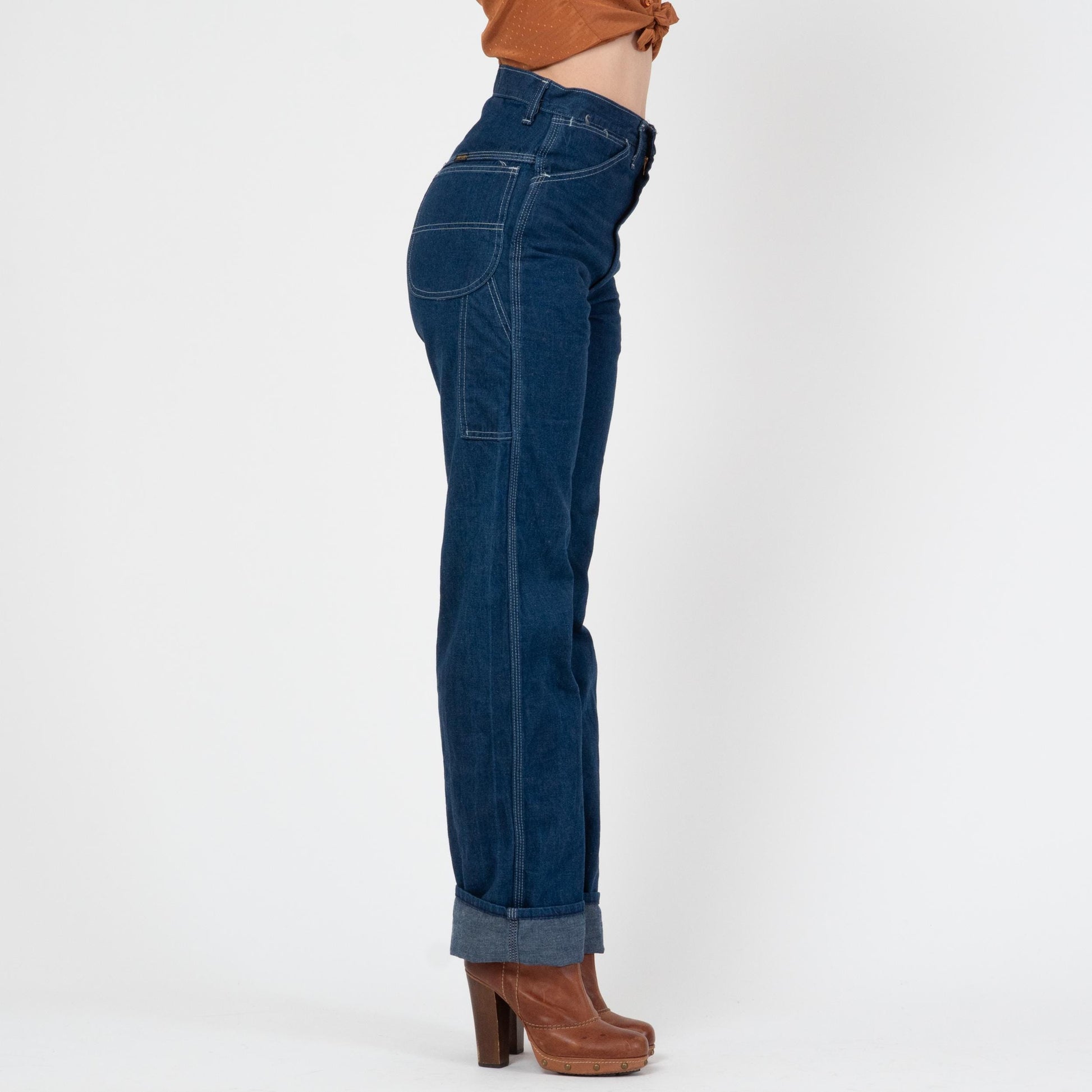 Vintage 70s Dee Cee Dark Wash Carpenter Jeans - Small, 27" Waist | High Waisted Denim Straight Leg Western Jeans