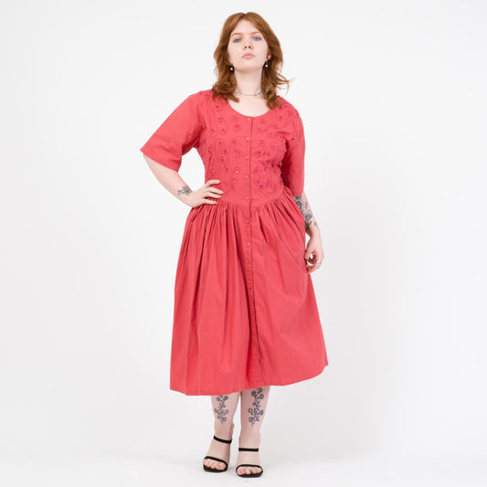 Vintage 90s Watermelon Pink Soutache Sequin Midi Dress - Medium to Large | Boho Short Sleeve Button Front Shirtdress