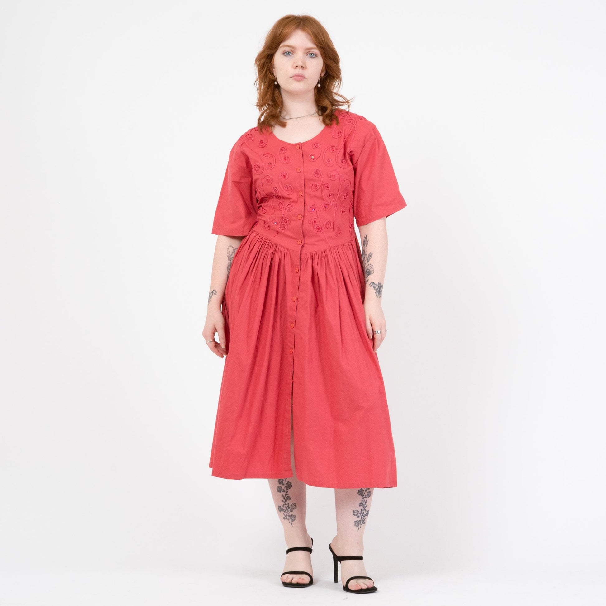 Vintage 90s Watermelon Pink Soutache Sequin Midi Dress - Medium to Large | Boho Short Sleeve Button Front Shirtdress