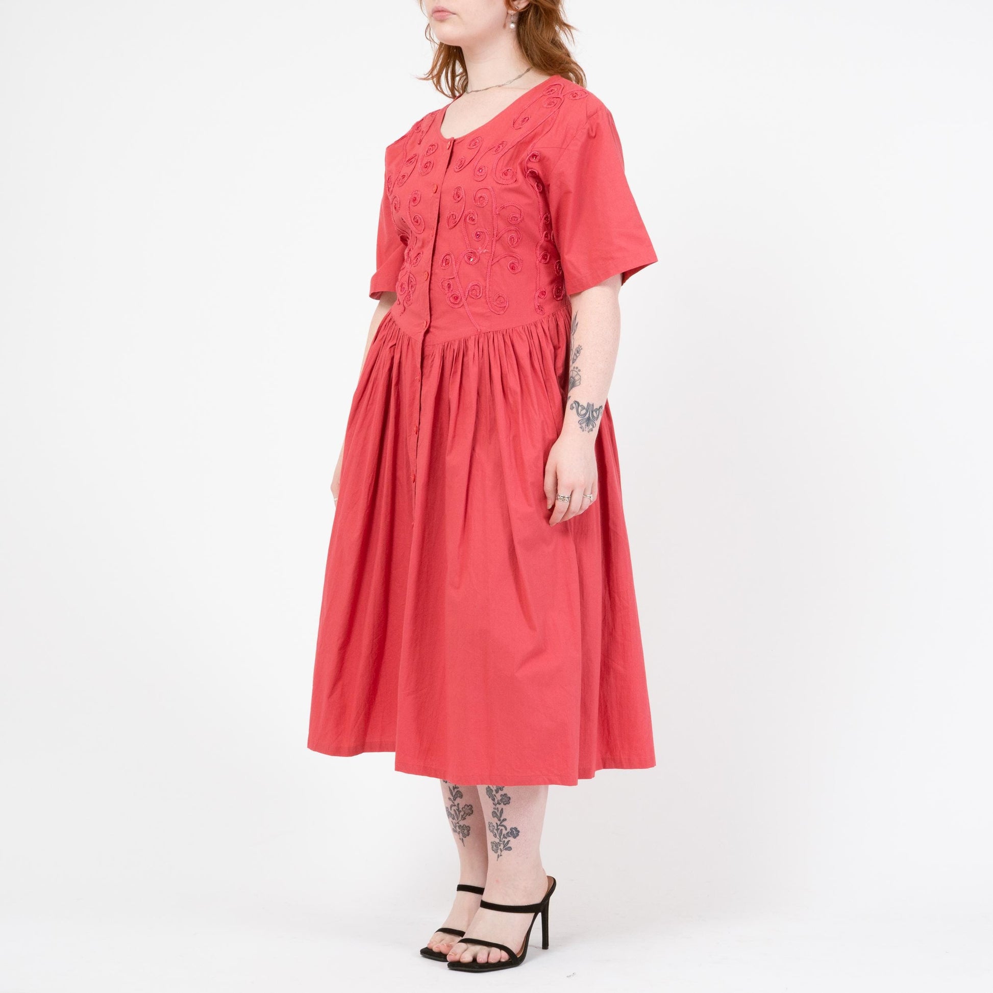 Vintage 90s Watermelon Pink Soutache Sequin Midi Dress - Medium to Large | Boho Short Sleeve Button Front Shirtdress