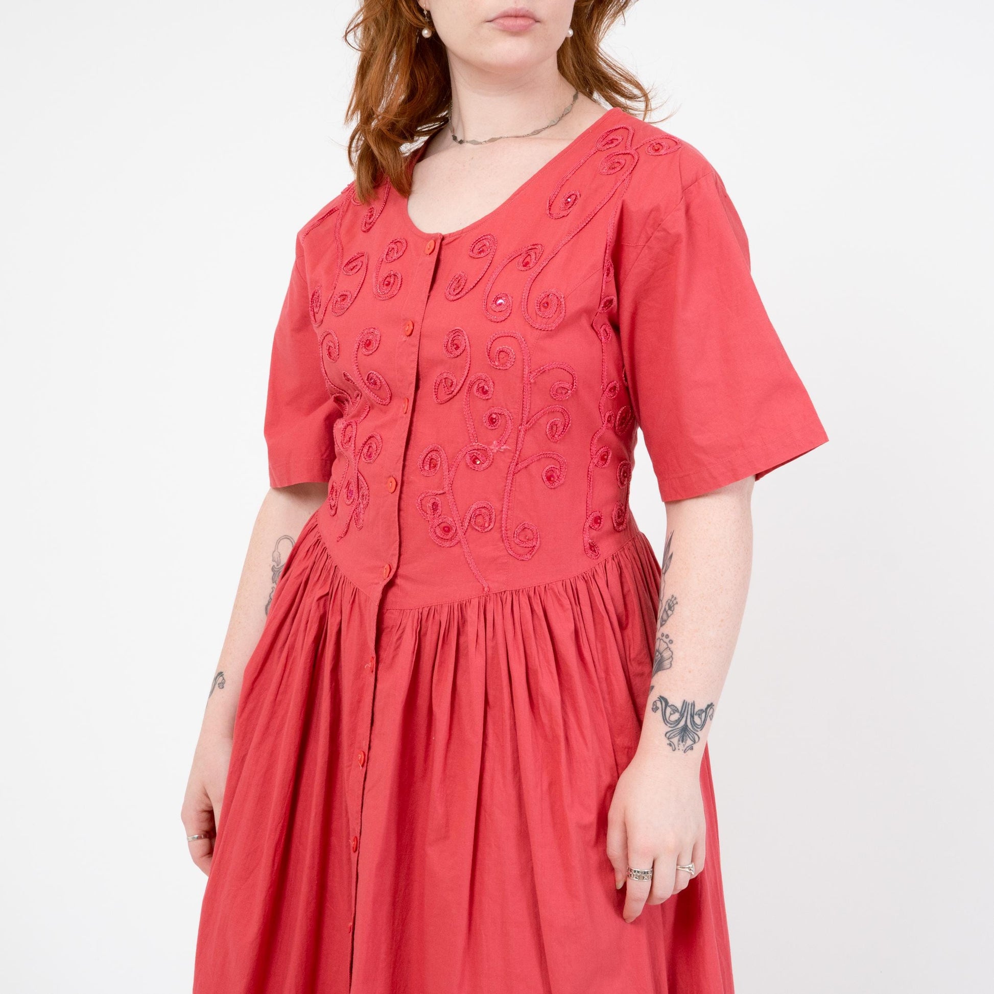 Vintage 90s Watermelon Pink Soutache Sequin Midi Dress - Medium to Large | Boho Short Sleeve Button Front Shirtdress