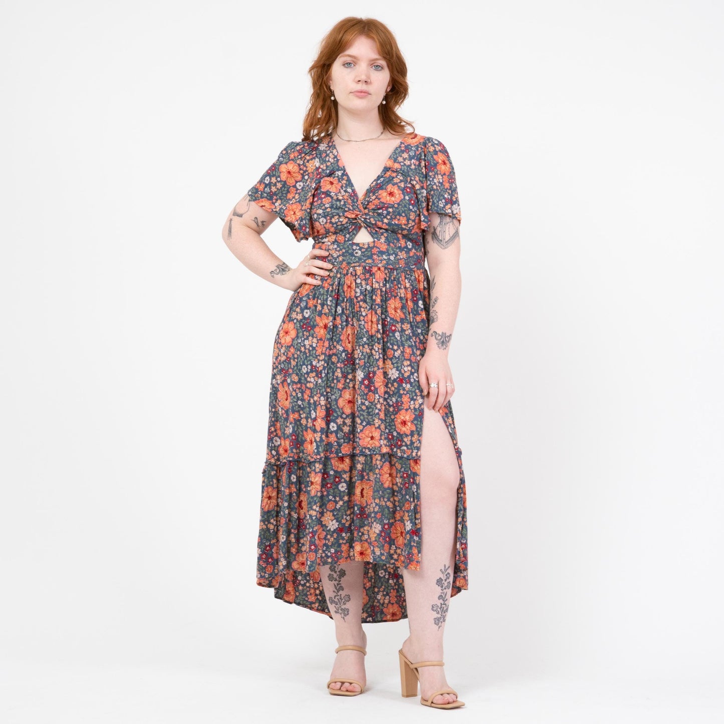 Vintage Y2K Blue Floral Keyhole Flutter Sleeve Maxi Dress - Medium | Angie Boho High Low Hem Sundress
