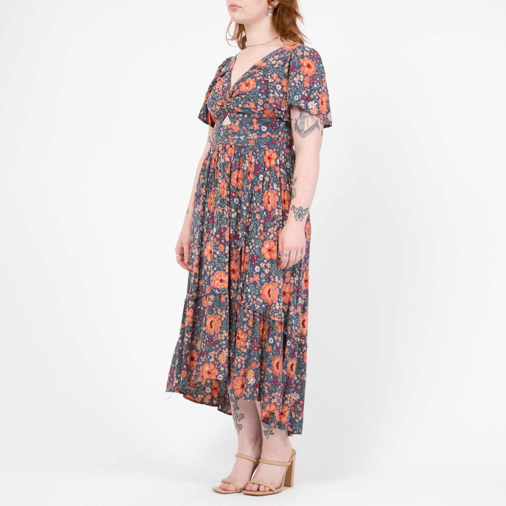 Vintage Y2K Blue Floral Keyhole Flutter Sleeve Maxi Dress - Medium | Angie Boho High Low Hem Sundress