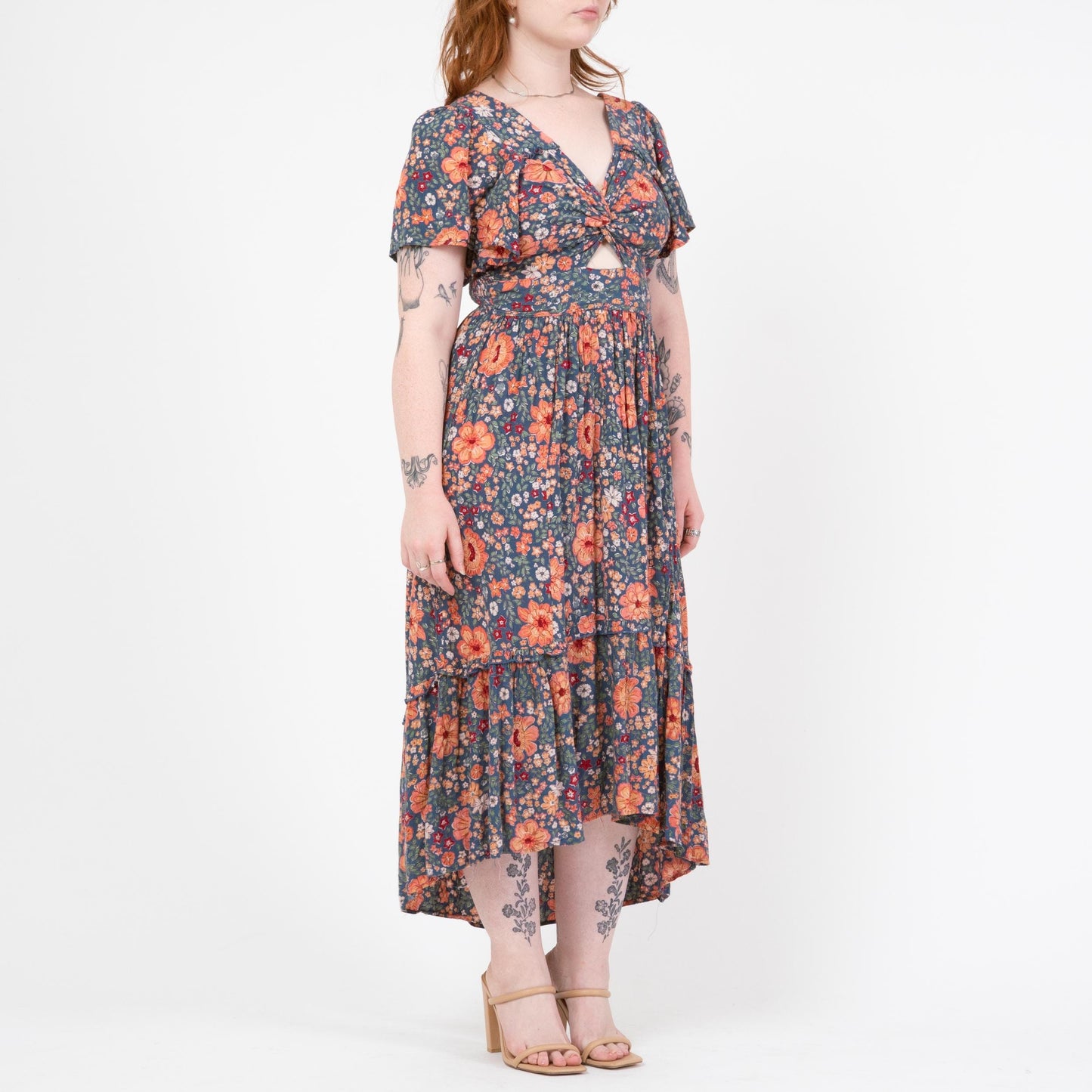 Vintage Y2K Blue Floral Keyhole Flutter Sleeve Maxi Dress - Medium | Angie Boho High Low Hem Sundress