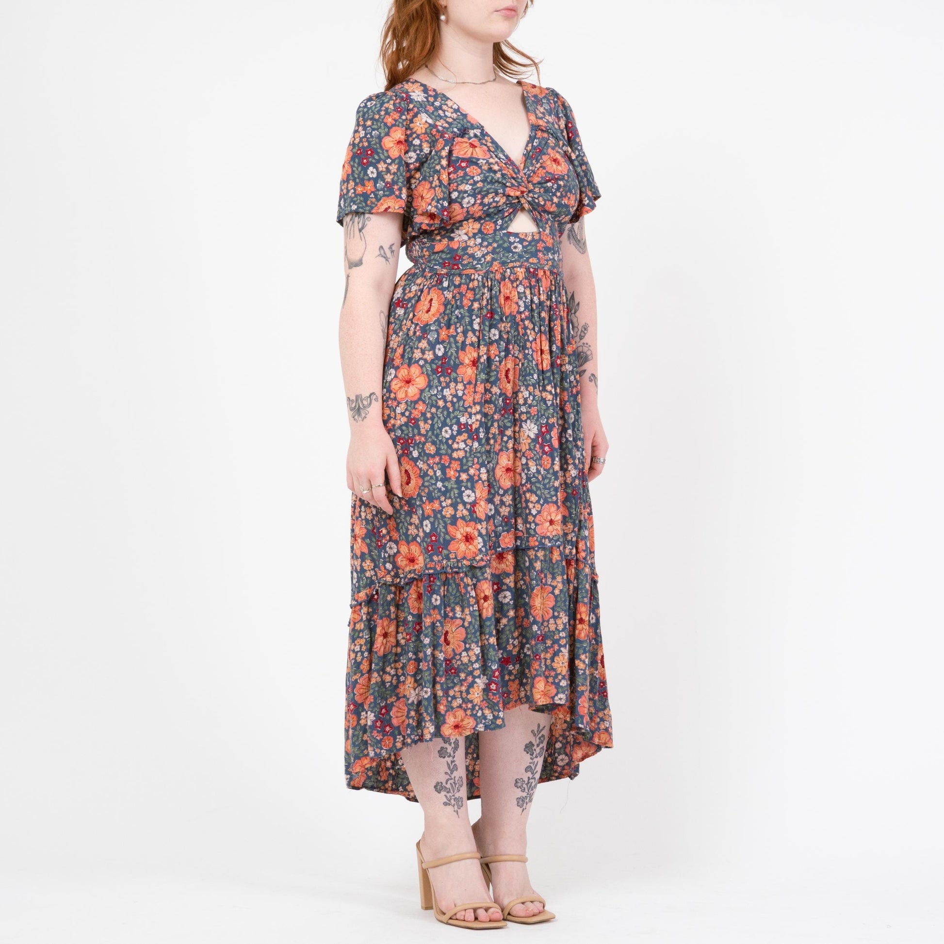 Vintage Y2K Blue Floral Keyhole Flutter Sleeve Maxi Dress - Medium | Angie Boho High Low Hem Sundress