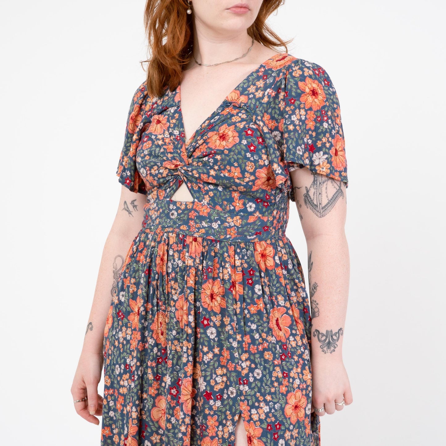 Vintage Y2K Blue Floral Keyhole Flutter Sleeve Maxi Dress - Medium | Angie Boho High Low Hem Sundress