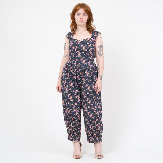 Vintage 80s Blue Floral Pinafore Jumpsuit - Medium to Large | Boho Cap Sleeve Romper Outfit with Pockets