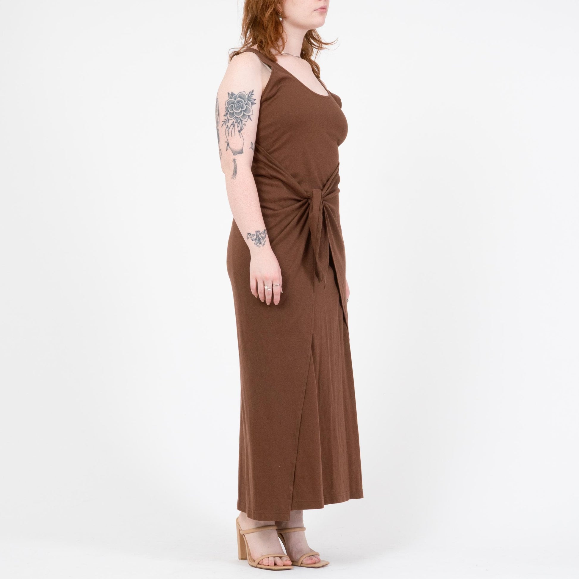 Vintage 90s Minimalist Brown Maxi Wrap Dress | Sleeveless Jersey Tank Dress