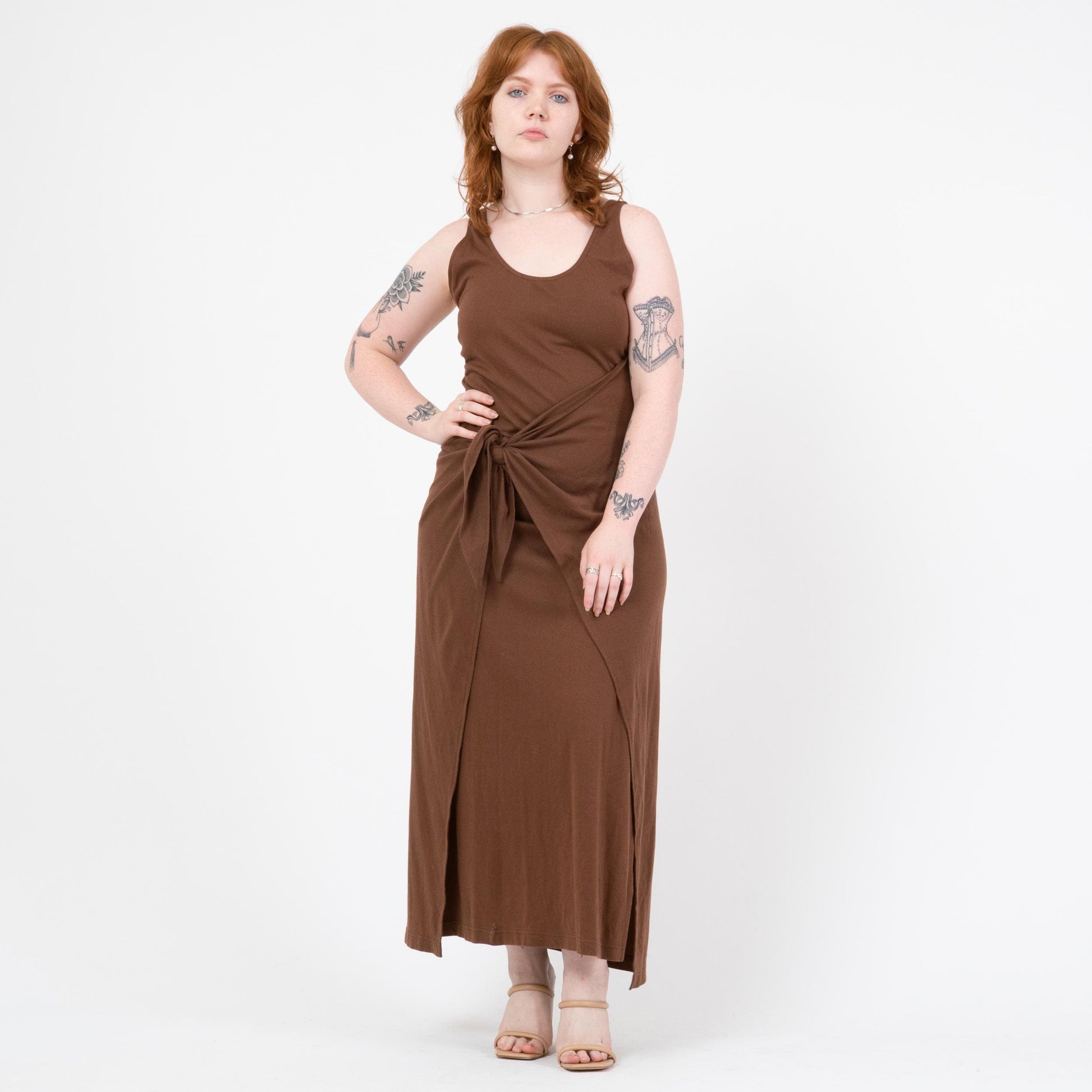 Vintage 90s Minimalist Brown Maxi Wrap Dress | Sleeveless Jersey Tank Dress