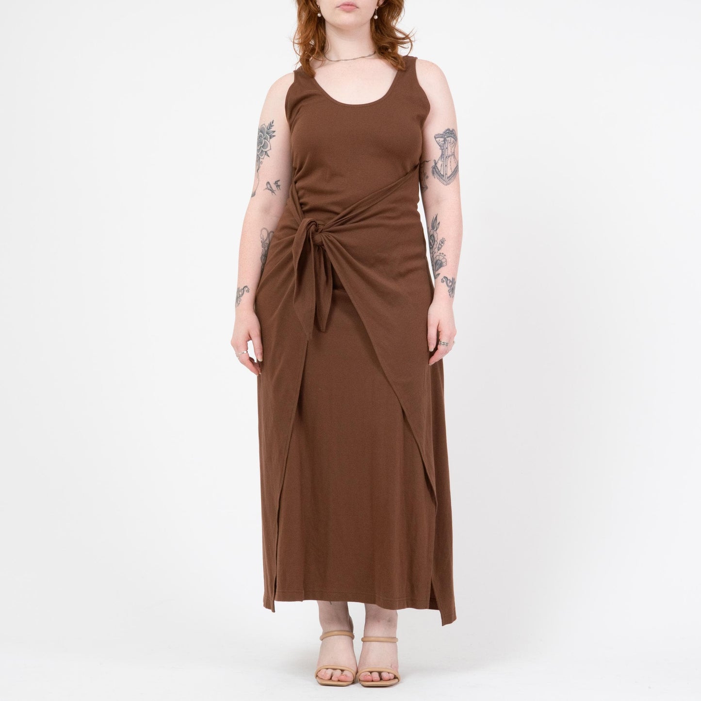Vintage 90s Minimalist Brown Maxi Wrap Dress | Sleeveless Jersey Tank Dress
