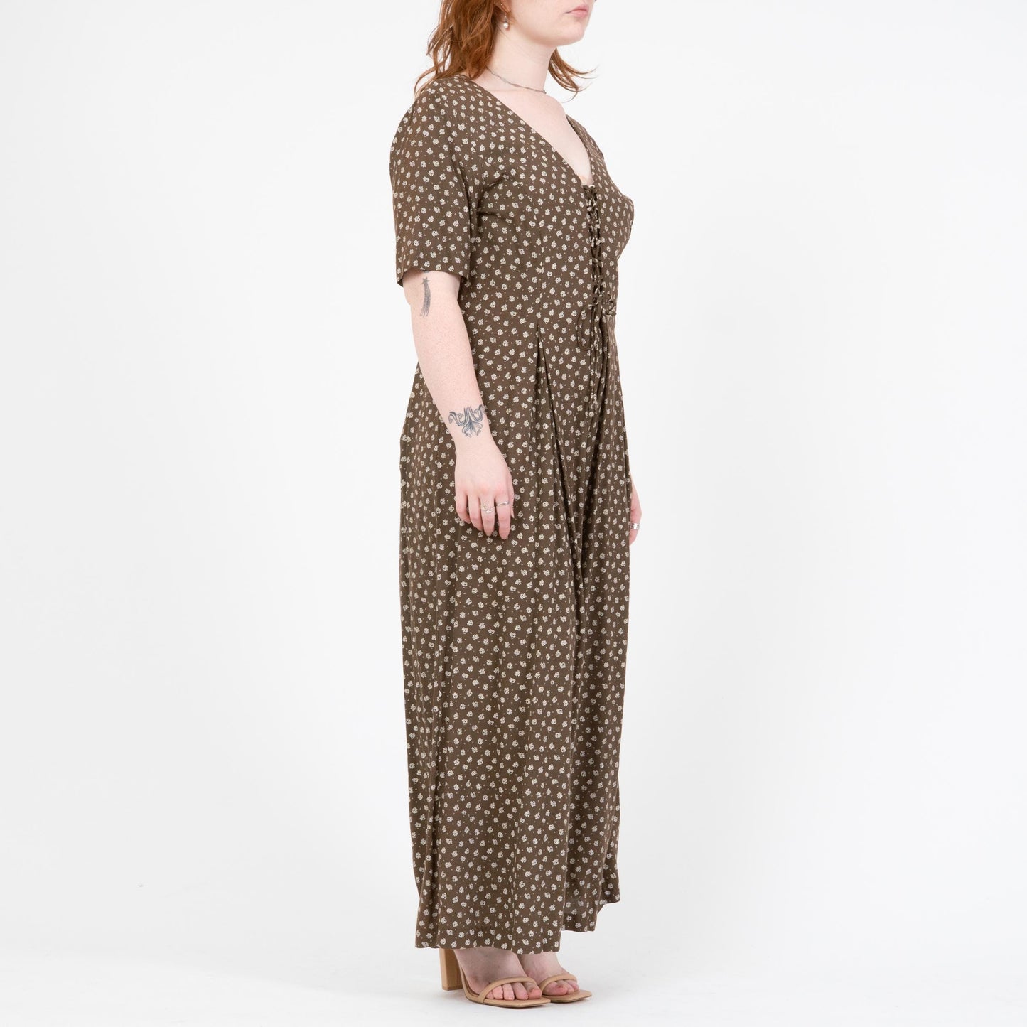 Vintage 80s Brown Floral Wide Leg Jumpsuit - Large to XL | Boho Short Sleeve Palazzo Pantsuit