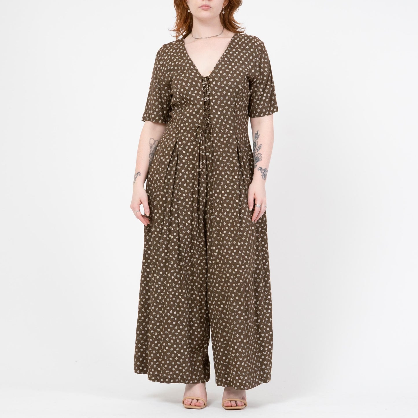Vintage 80s Brown Floral Wide Leg Jumpsuit - Large to XL | Boho Short Sleeve Palazzo Pantsuit