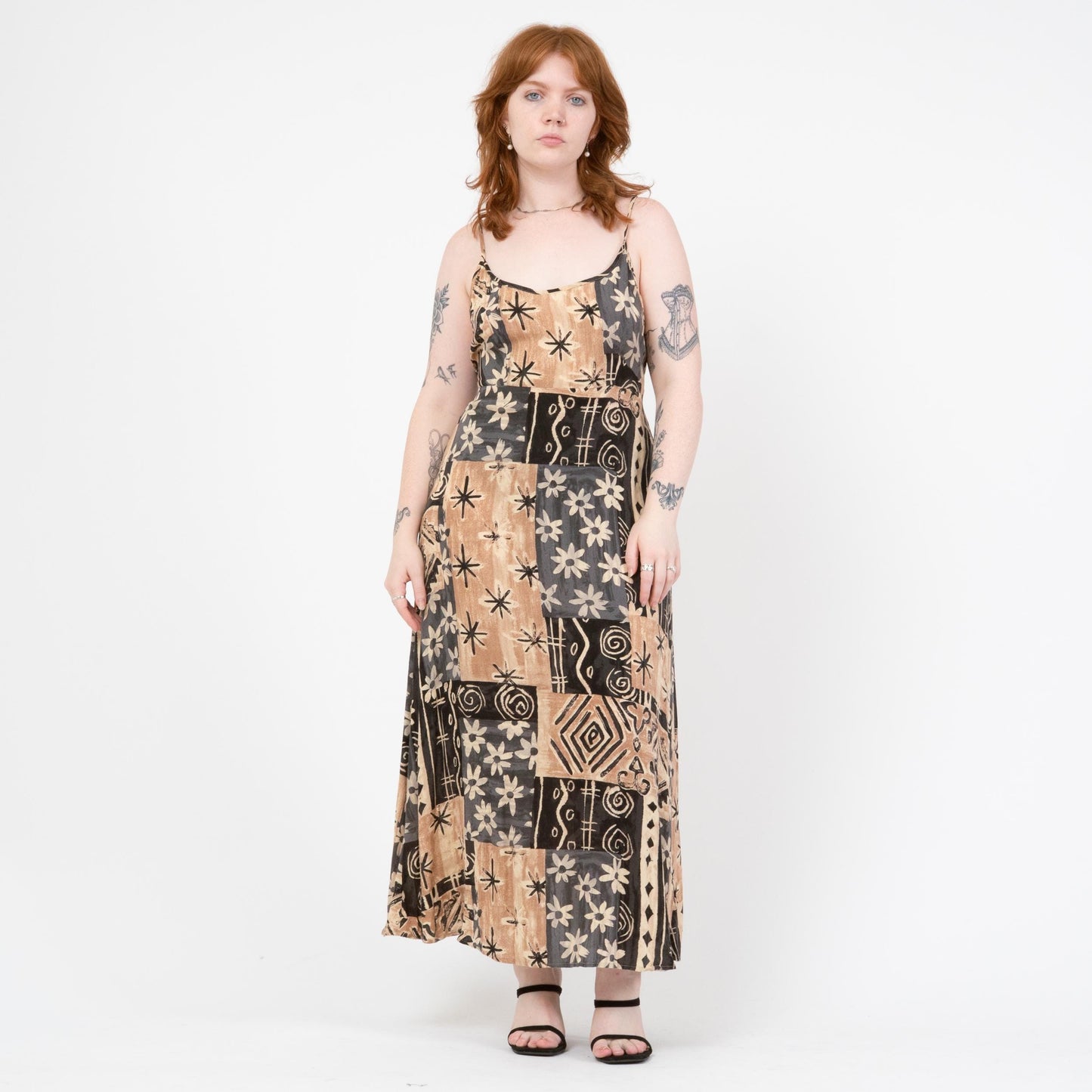 Vintage 90s Earth Tone Floral Patchwork Maxi Sundress - Large to XL | Boho Spaghetti Strap Summer Dress
