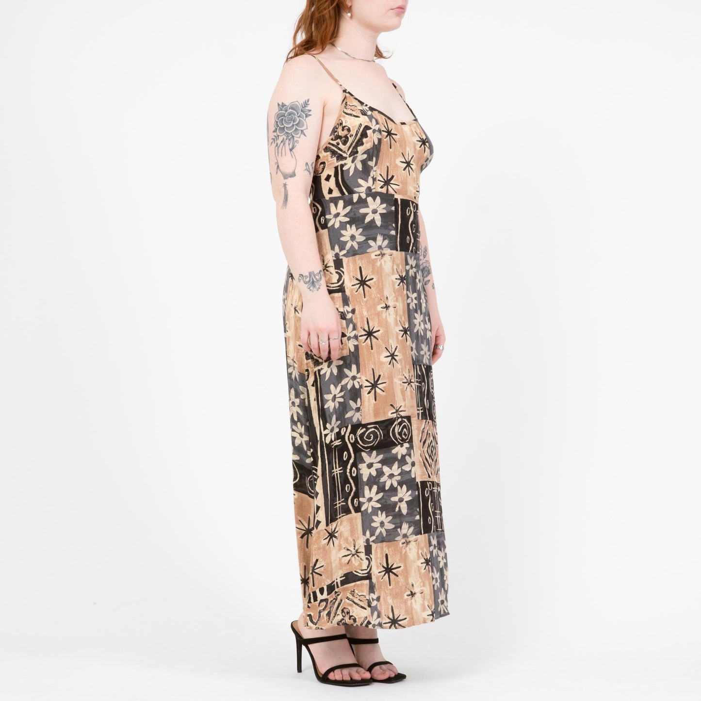 Vintage 90s Earth Tone Floral Patchwork Maxi Sundress - Large to XL | Boho Spaghetti Strap Summer Dress