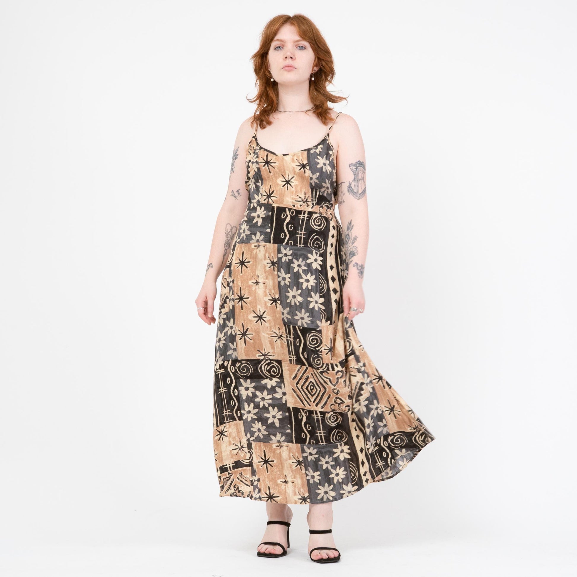 Vintage 90s Earth Tone Floral Patchwork Maxi Sundress - Large to XL | Boho Spaghetti Strap Summer Dress