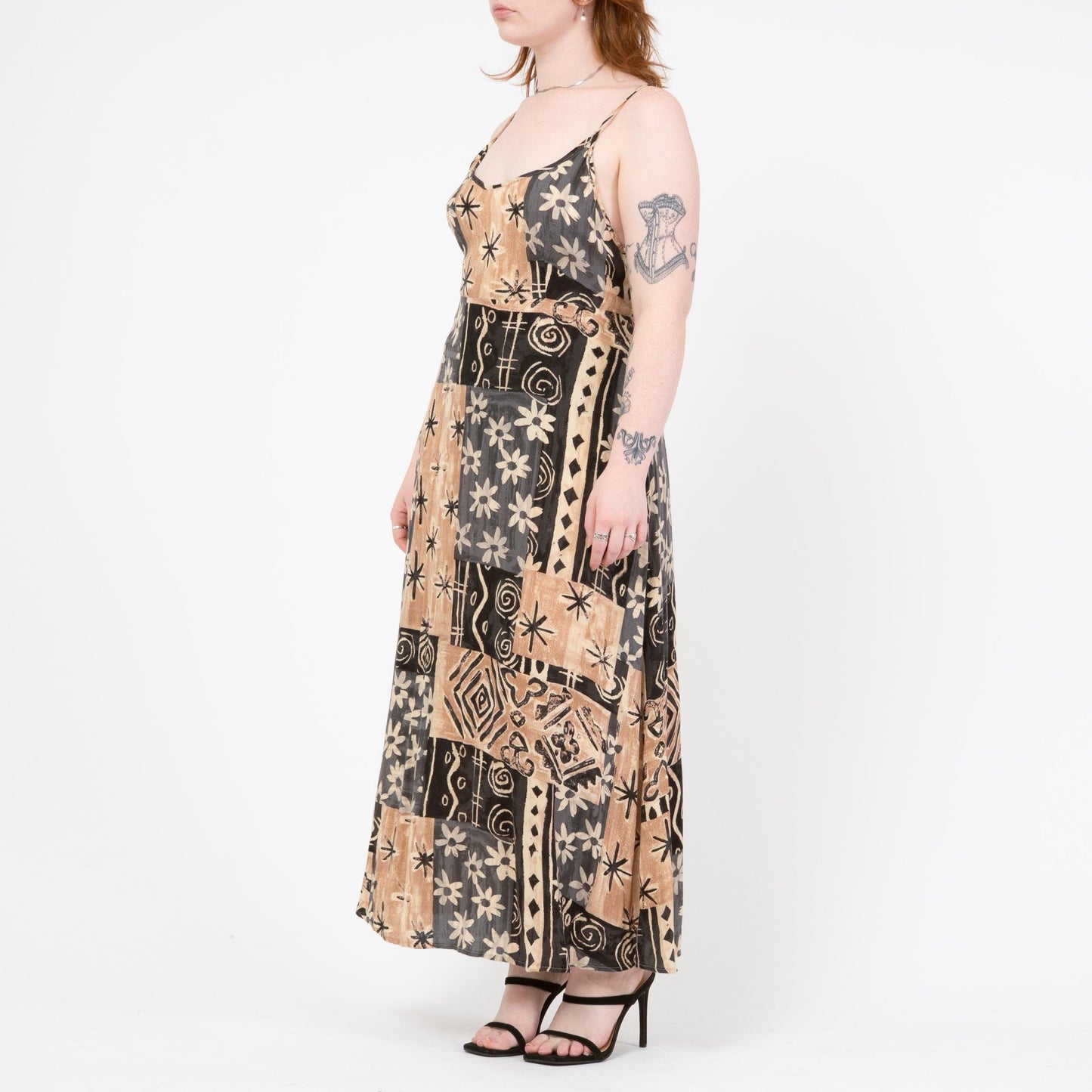 Vintage 90s Earth Tone Floral Patchwork Maxi Sundress - Large to XL | Boho Spaghetti Strap Summer Dress