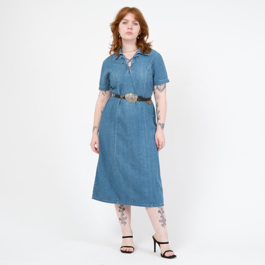 Vintage 90s Chambray Lace-Up Collar Midi Dress - Medium | Grunge Light Wash Blue Jean Dress