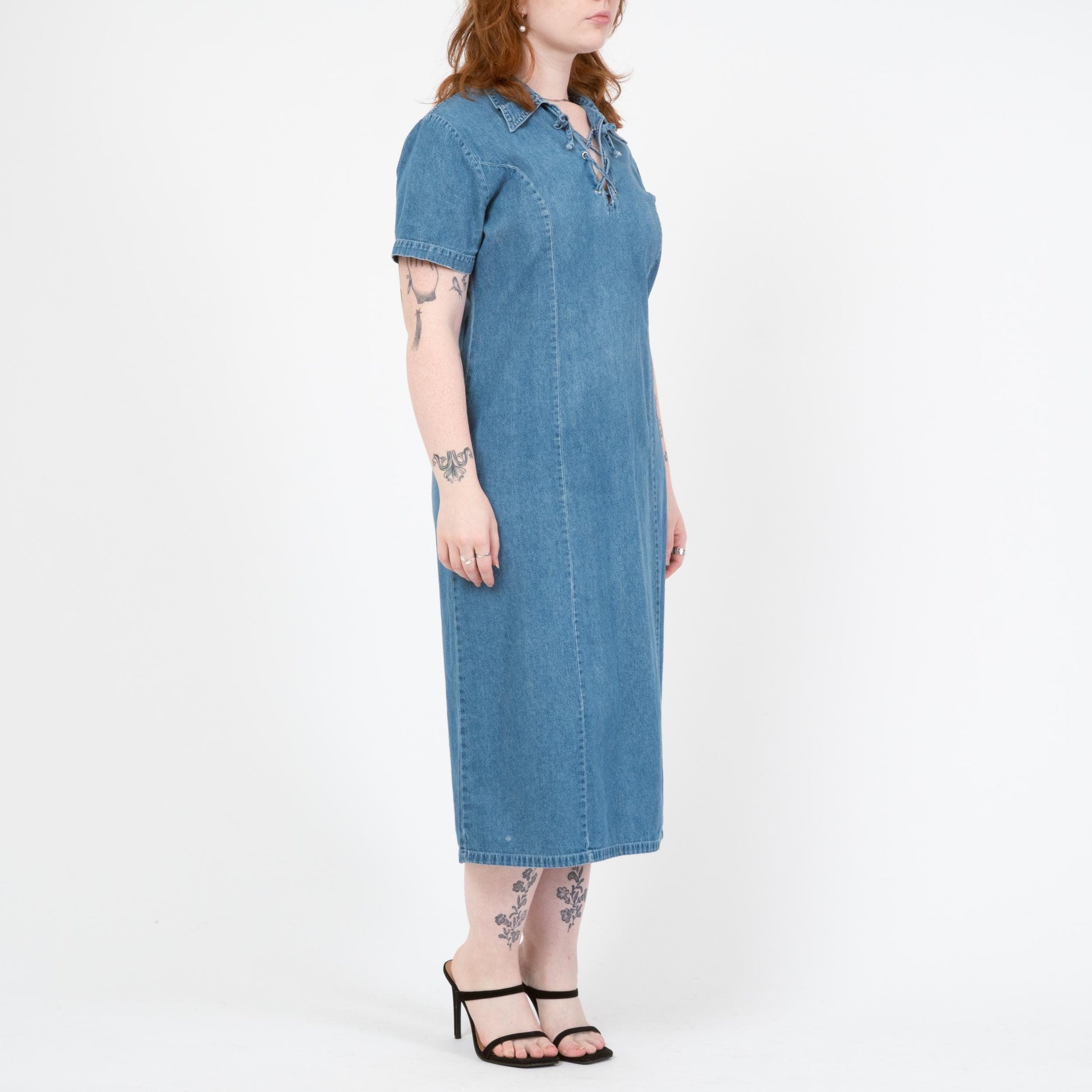 Vintage 90s Chambray Lace-Up Collar Midi Dress - Medium | Grunge Light Wash Blue Jean Dress