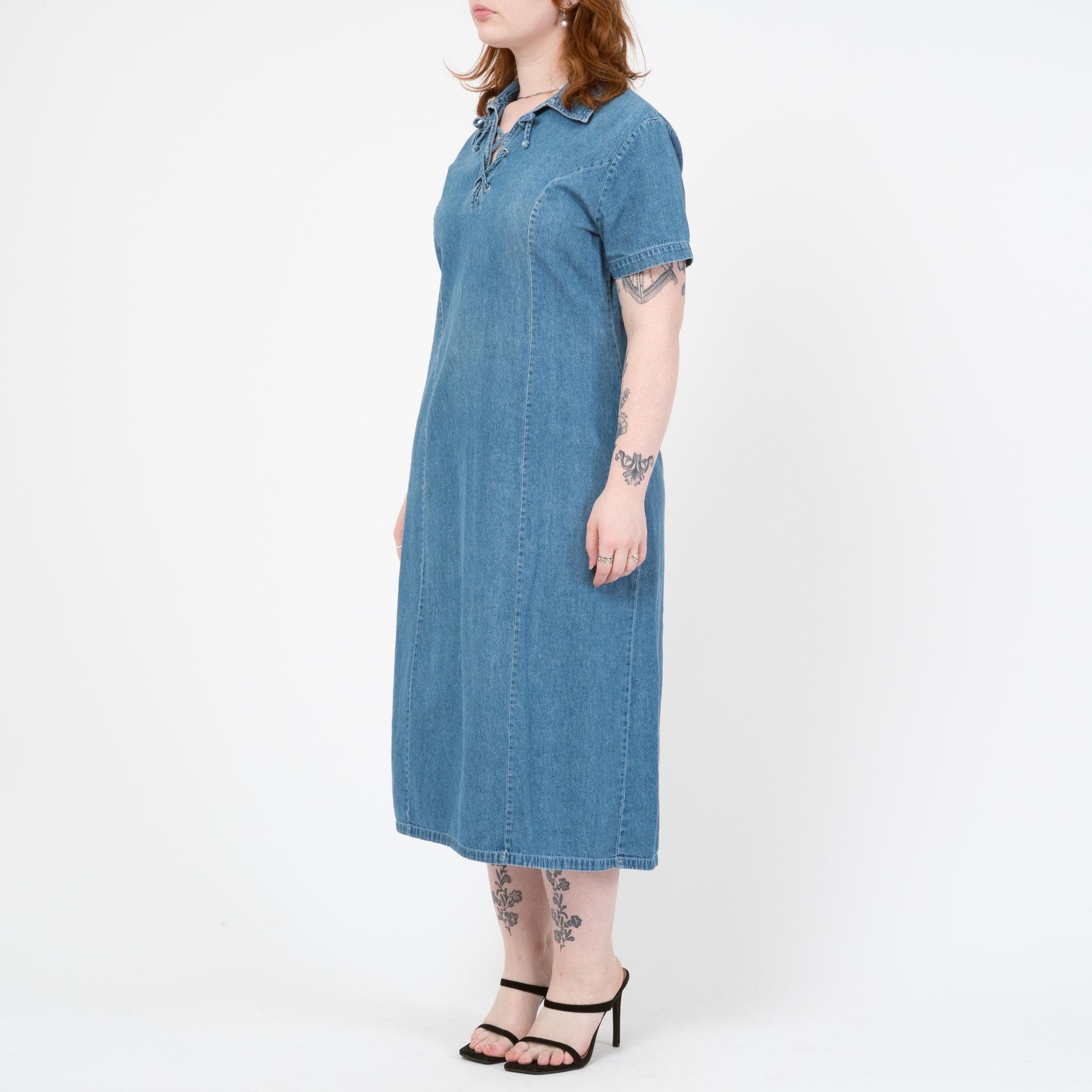 Vintage 90s Chambray Lace-Up Collar Midi Dress - Medium | Grunge Light Wash Blue Jean Dress