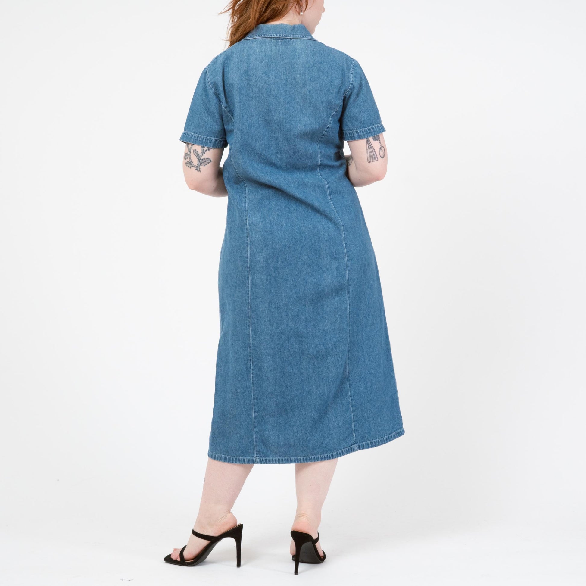 Vintage 90s Chambray Lace-Up Collar Midi Dress - Medium | Grunge Light Wash Blue Jean Dress