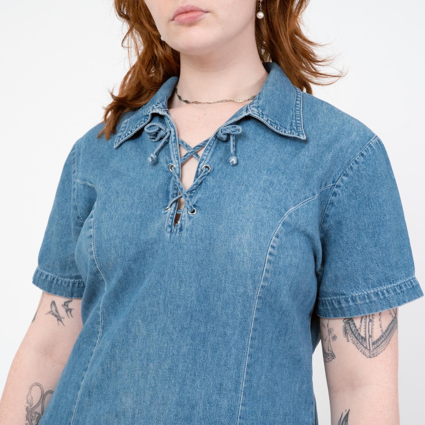 Vintage 90s Chambray Lace-Up Collar Midi Dress - Medium | Grunge Light Wash Blue Jean Dress
