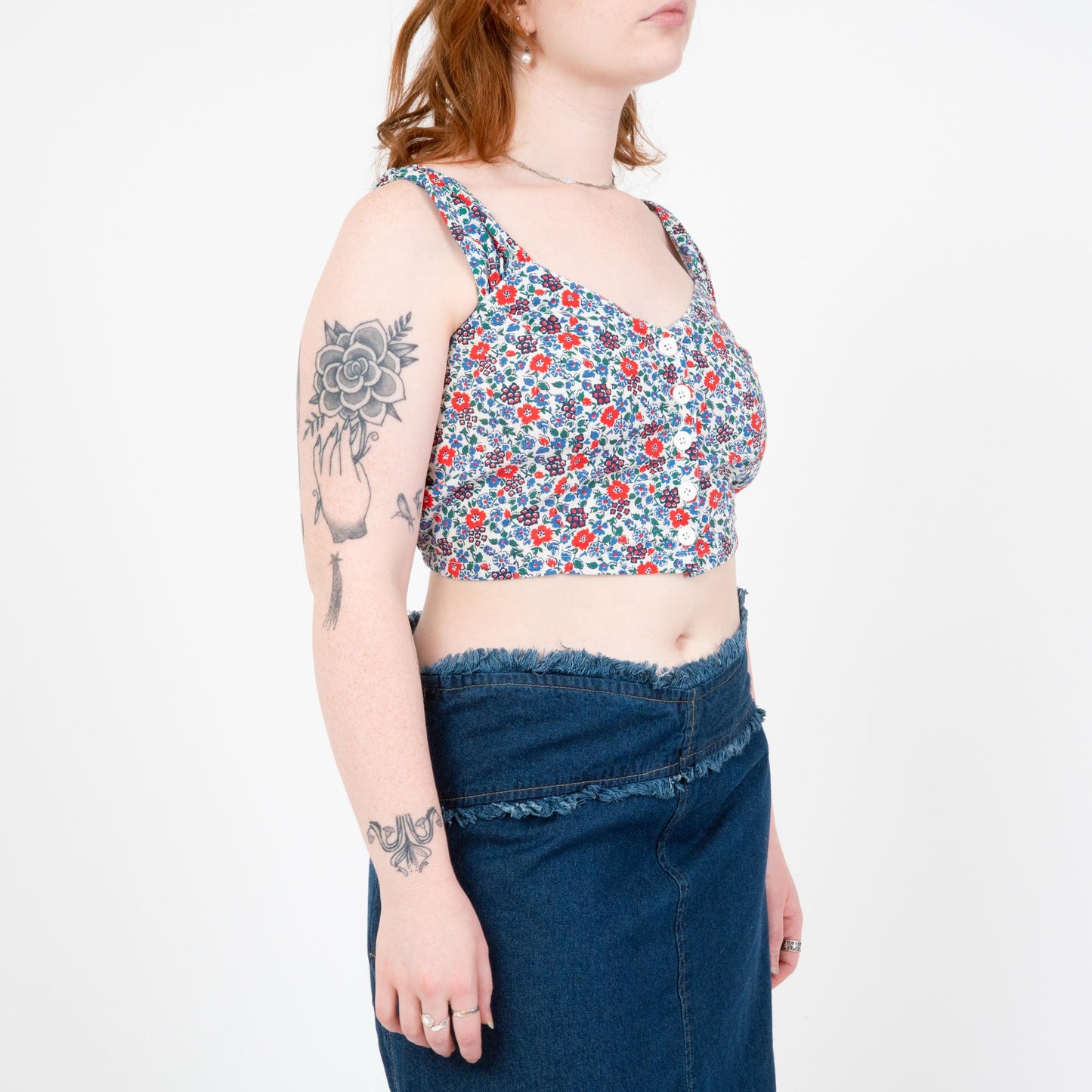Vintage 80s Blue Floral Crop Top - Large | Boho Sleeveless Button Up Cropped Blouse