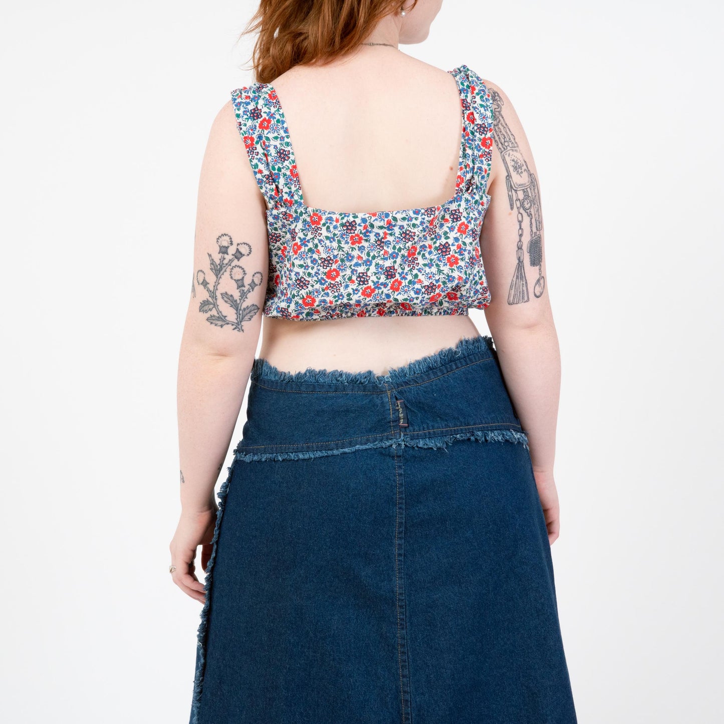 Vintage 80s Blue Floral Crop Top - Large | Boho Sleeveless Button Up Cropped Blouse