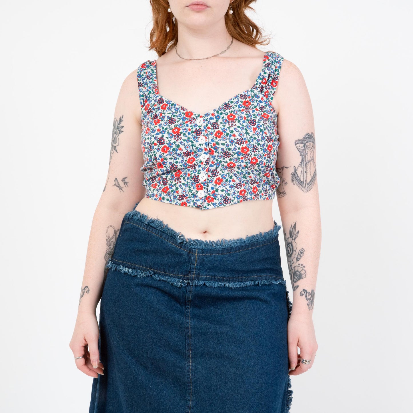 Vintage 80s Blue Floral Crop Top - Large | Boho Sleeveless Button Up Cropped Blouse