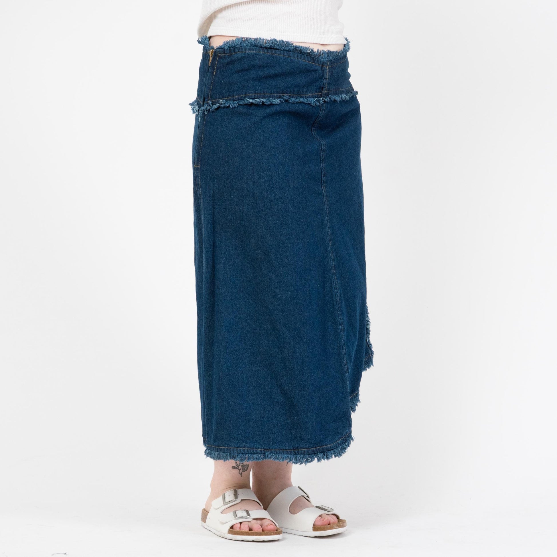 Vintage 90s Frayed Denim Midi Skirt - Extra Large | High Waisted Asymmetrical Blue Jean Skirt