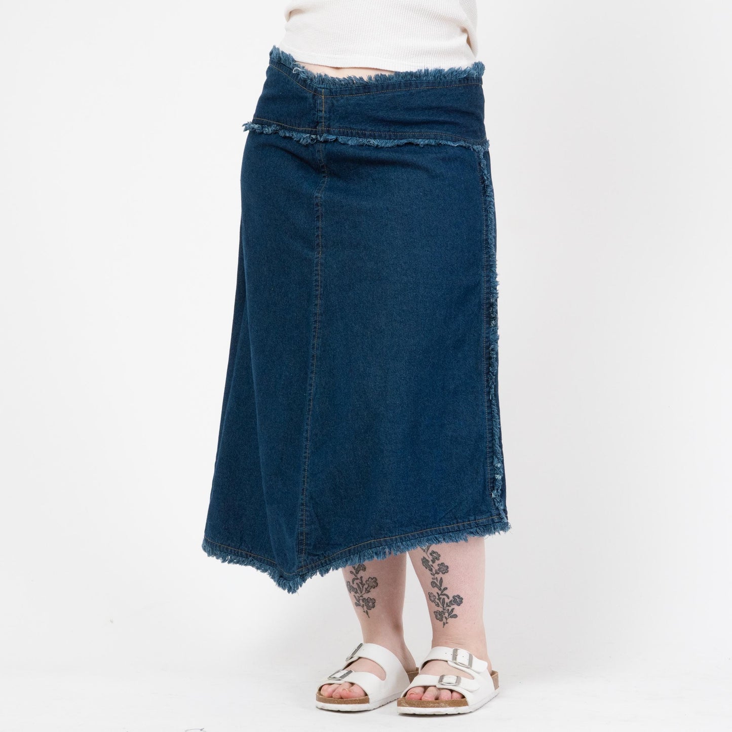 Vintage 90s Frayed Denim Midi Skirt - Extra Large | High Waisted Asymmetrical Blue Jean Skirt