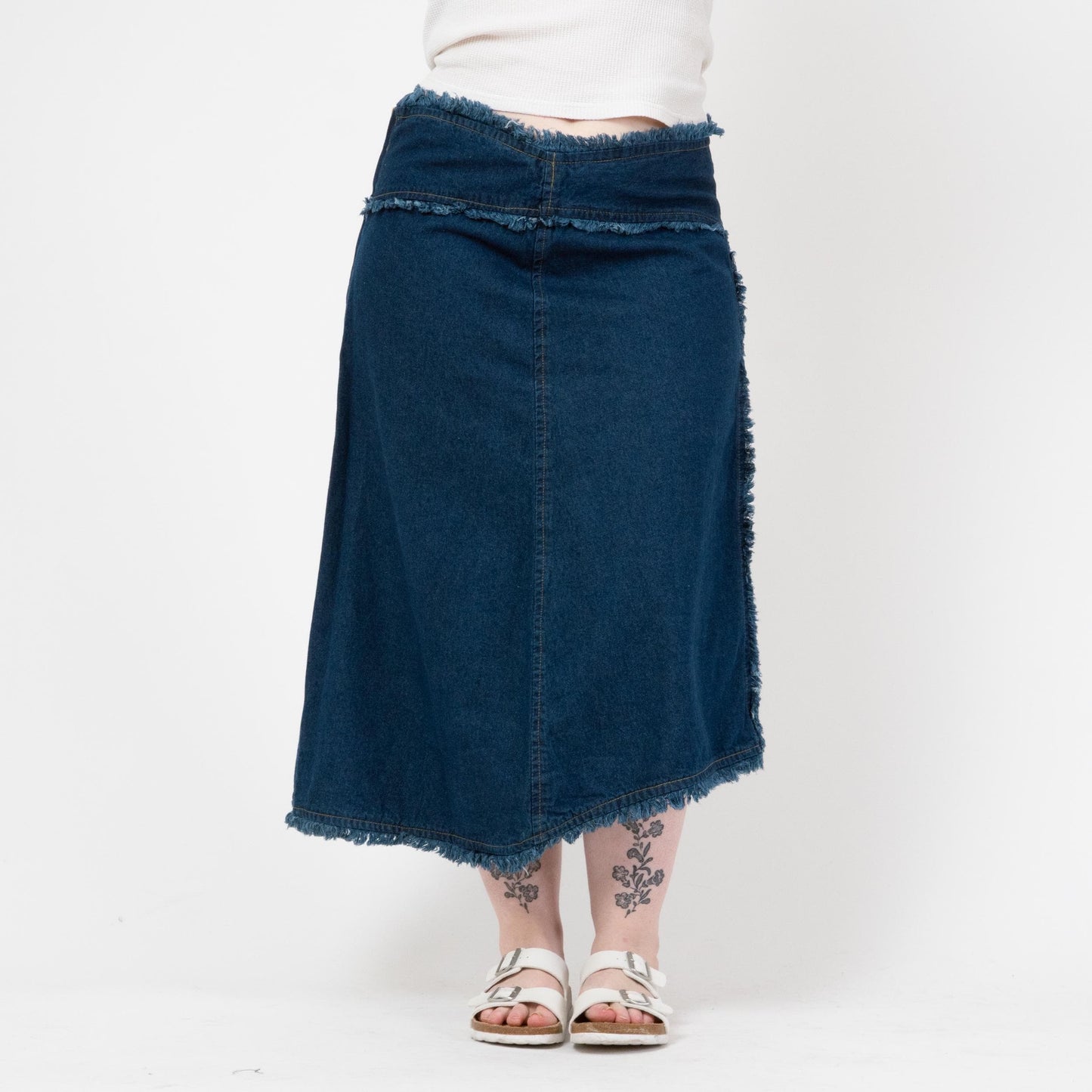 Vintage 90s Frayed Denim Midi Skirt - Extra Large | High Waisted Asymmetrical Blue Jean Skirt
