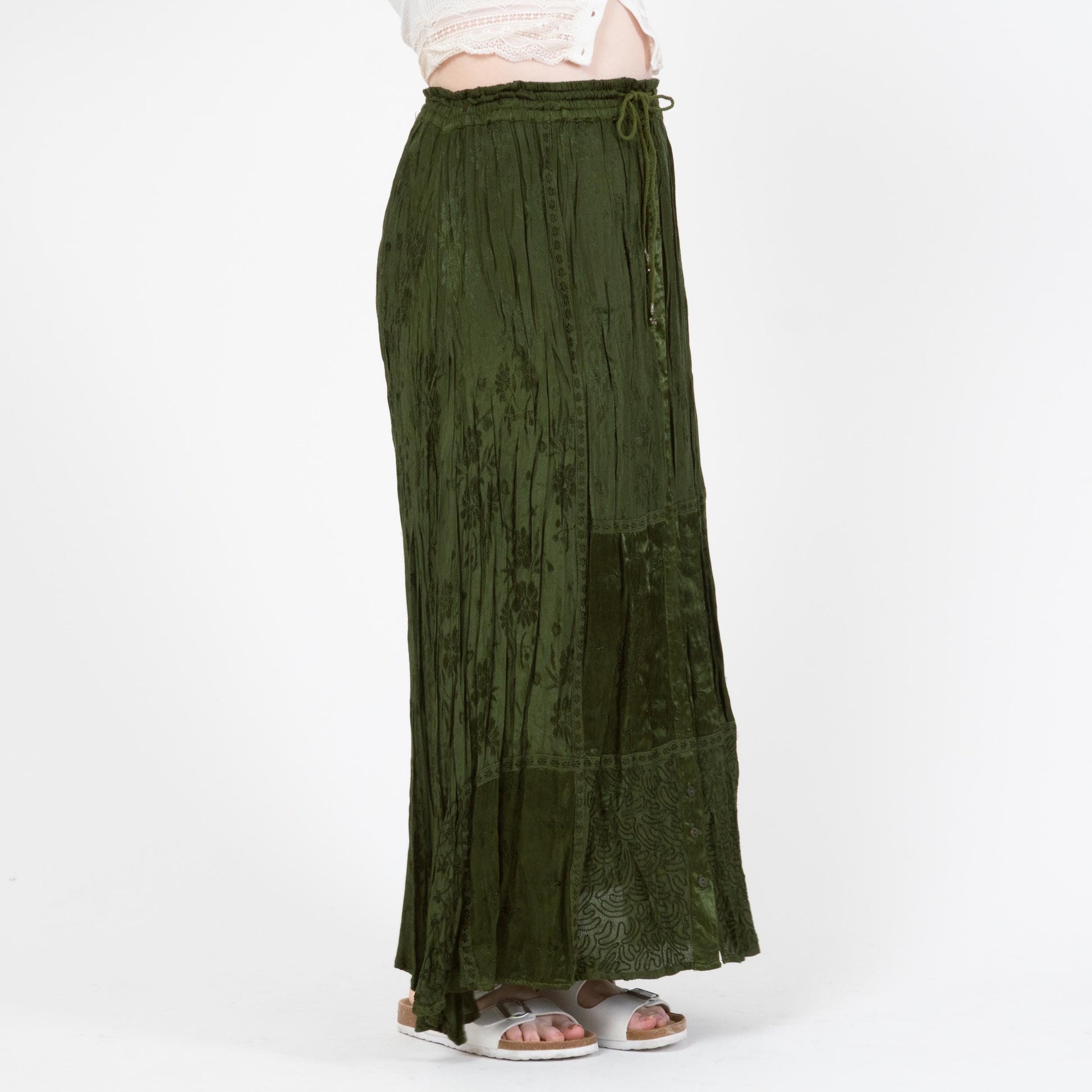 Vintage 90s Green Floral Satin Broomstick Skirt - One Size | Boho Long Hippie Skirt