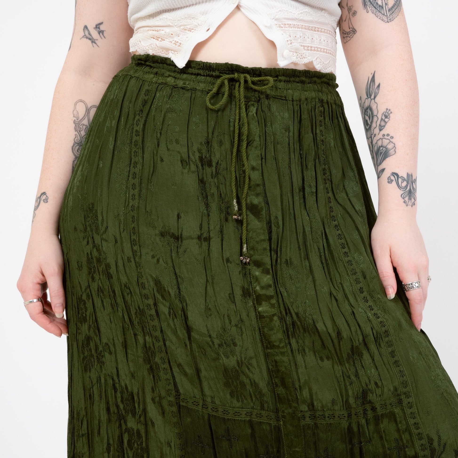 Vintage 90s Green Floral Satin Broomstick Skirt - One Size | Boho Long Hippie Skirt