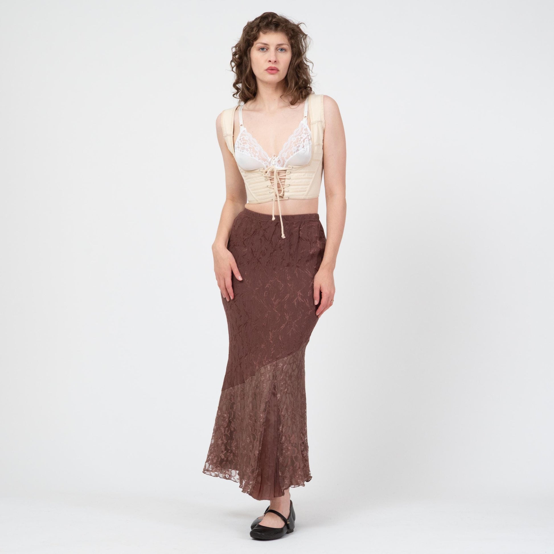 Vintage 90s Mocha Brown Jacquard & Lace Maxi Skirt - Small | Boho Asymmetrical Mermaid Hem Fairy Skirt